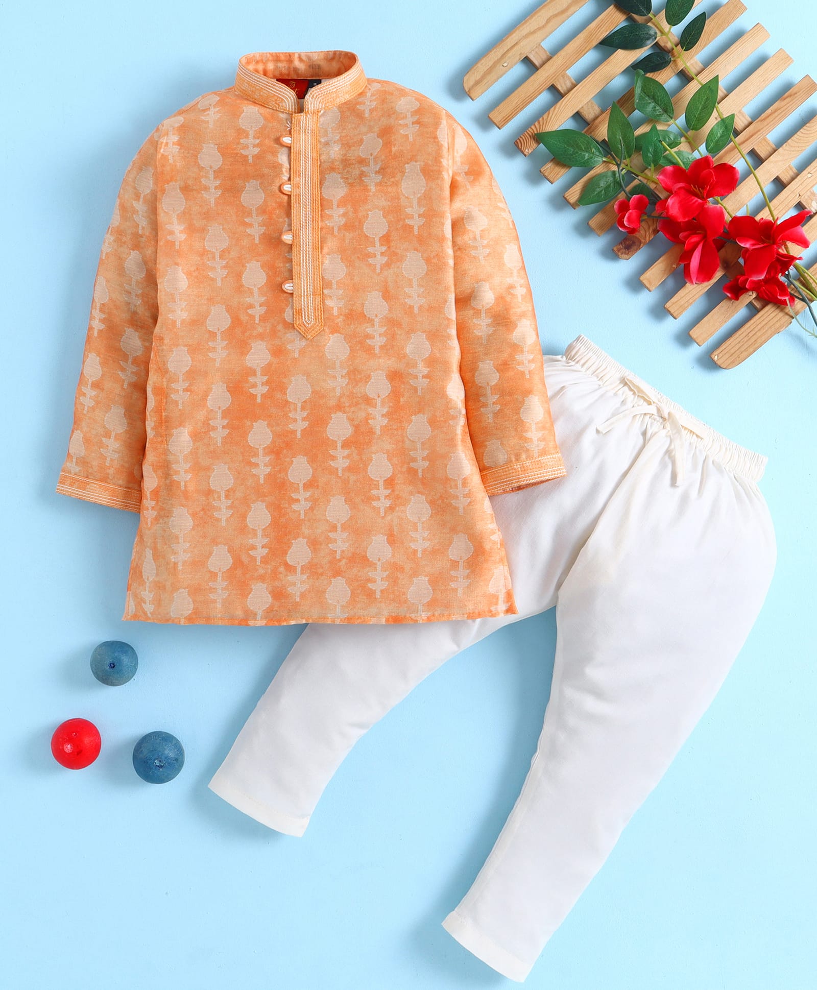 Jeet Ethnics Cotton Blend Knit Full Sleeves Ethnic Motifs Printed Kurta & Pyjama Set - Peach-picture-23