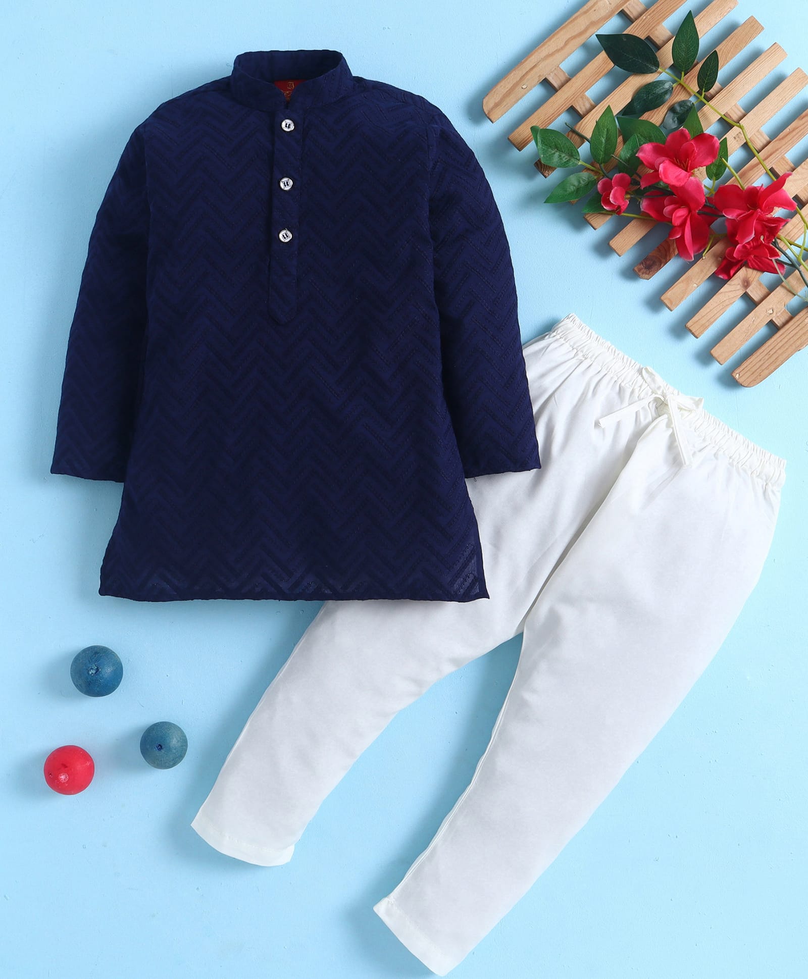 Jeet Ethnics Cotton Blend Knit Full Sleeves Textured Kurta & Pyjama Set - Navy Blue-image-13