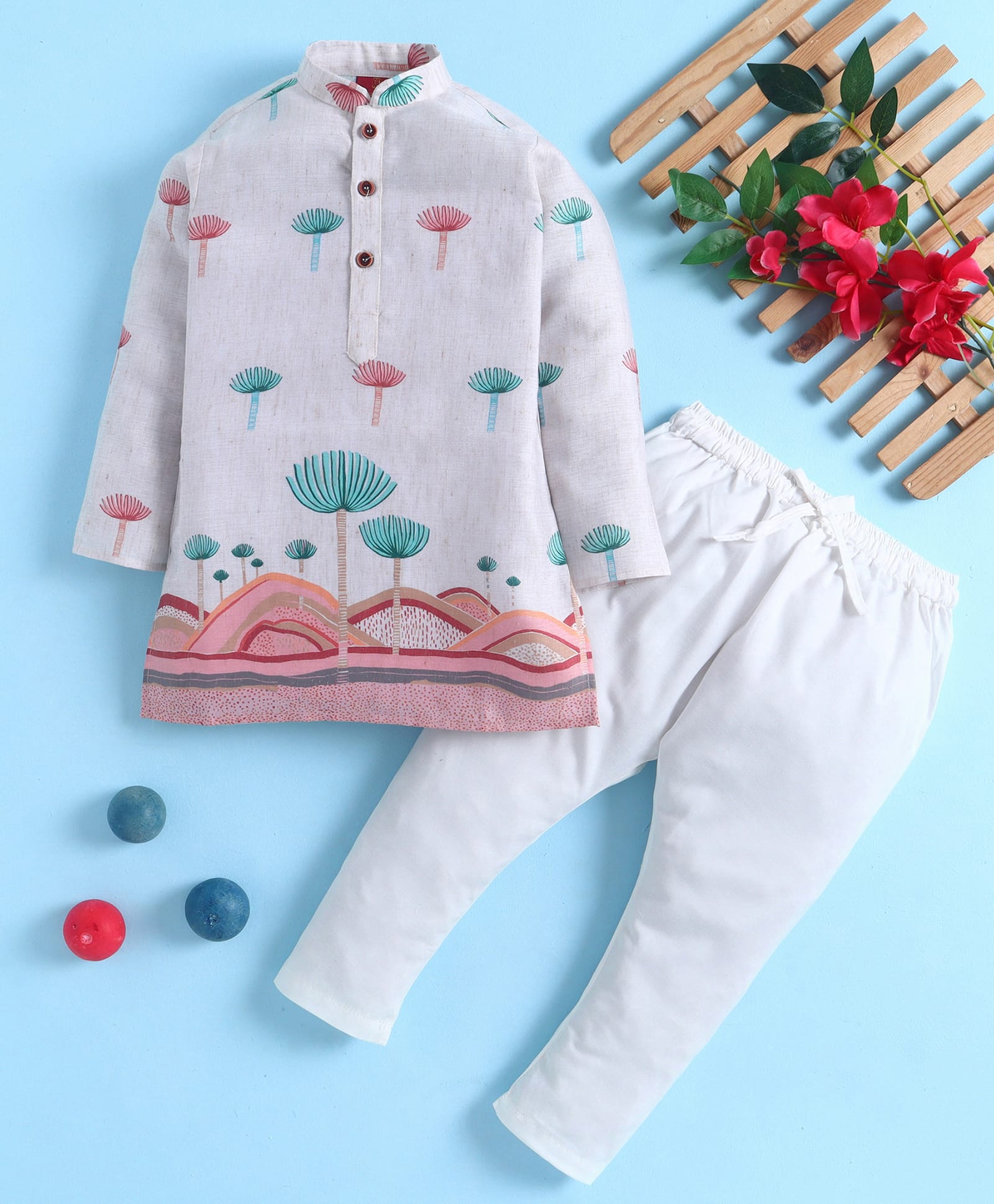 Jeet Ethnics Cotton Blend Knit Full Sleeves Floral Printed Kurta & Pyjama Set - Off White-picture-40