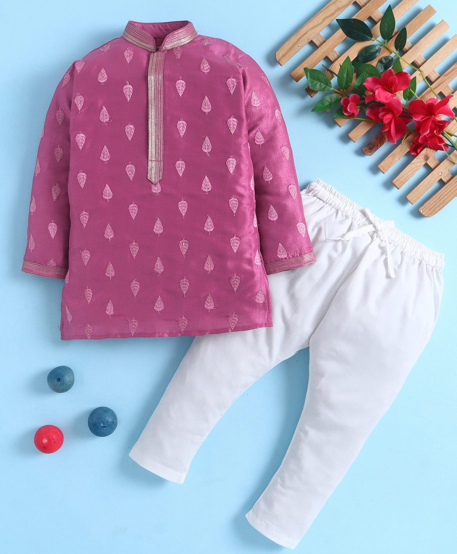 Jeet Ethnics Cotton Knit Full Sleeves Motifs Embroidered Kurta & Pyjama Set - Pink-picture-15
