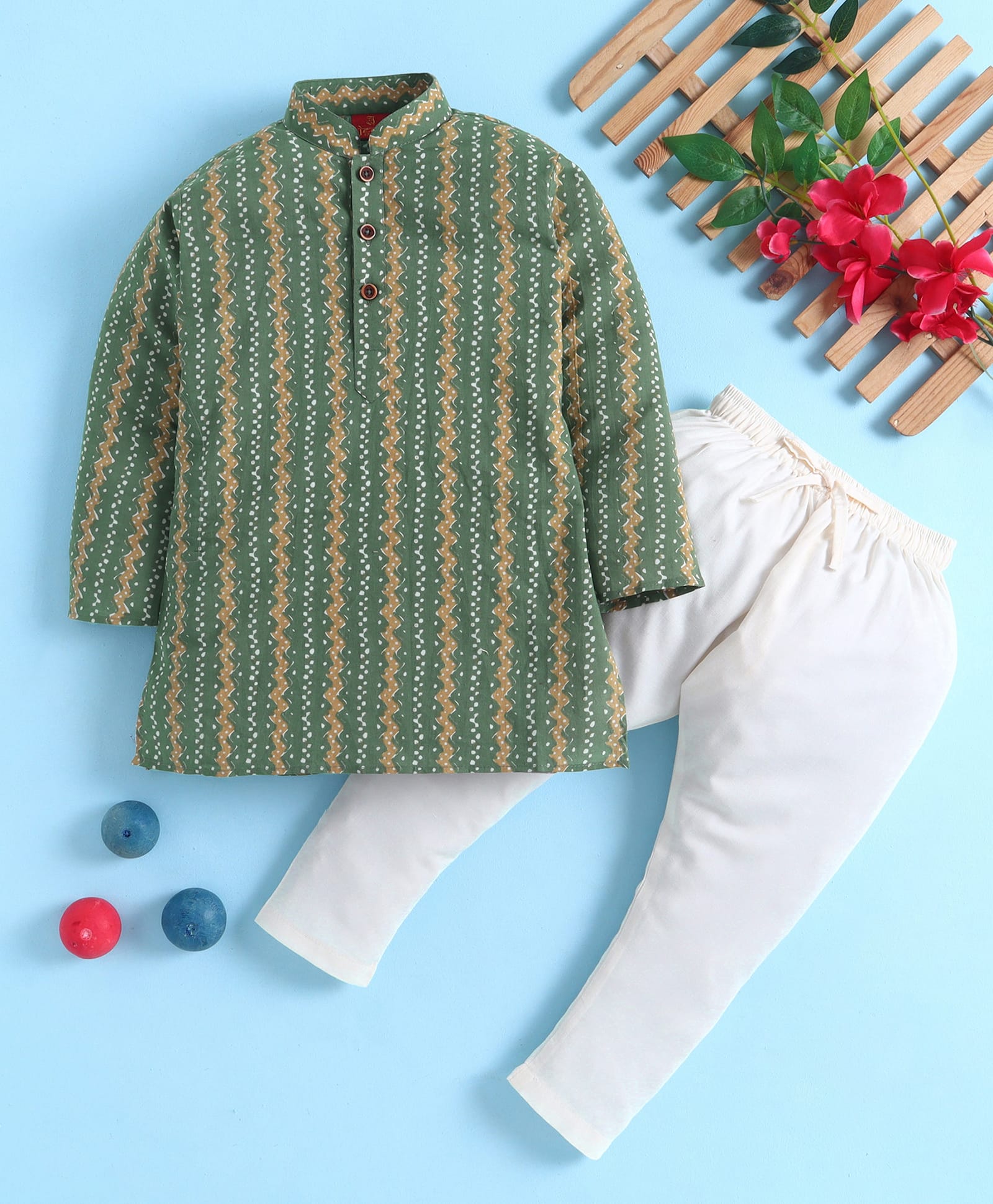 Jeet Ethnics Cotton Blend Knit Full Sleeves Chevron Printed Kurta & Pyjama Set - Green-picture-18