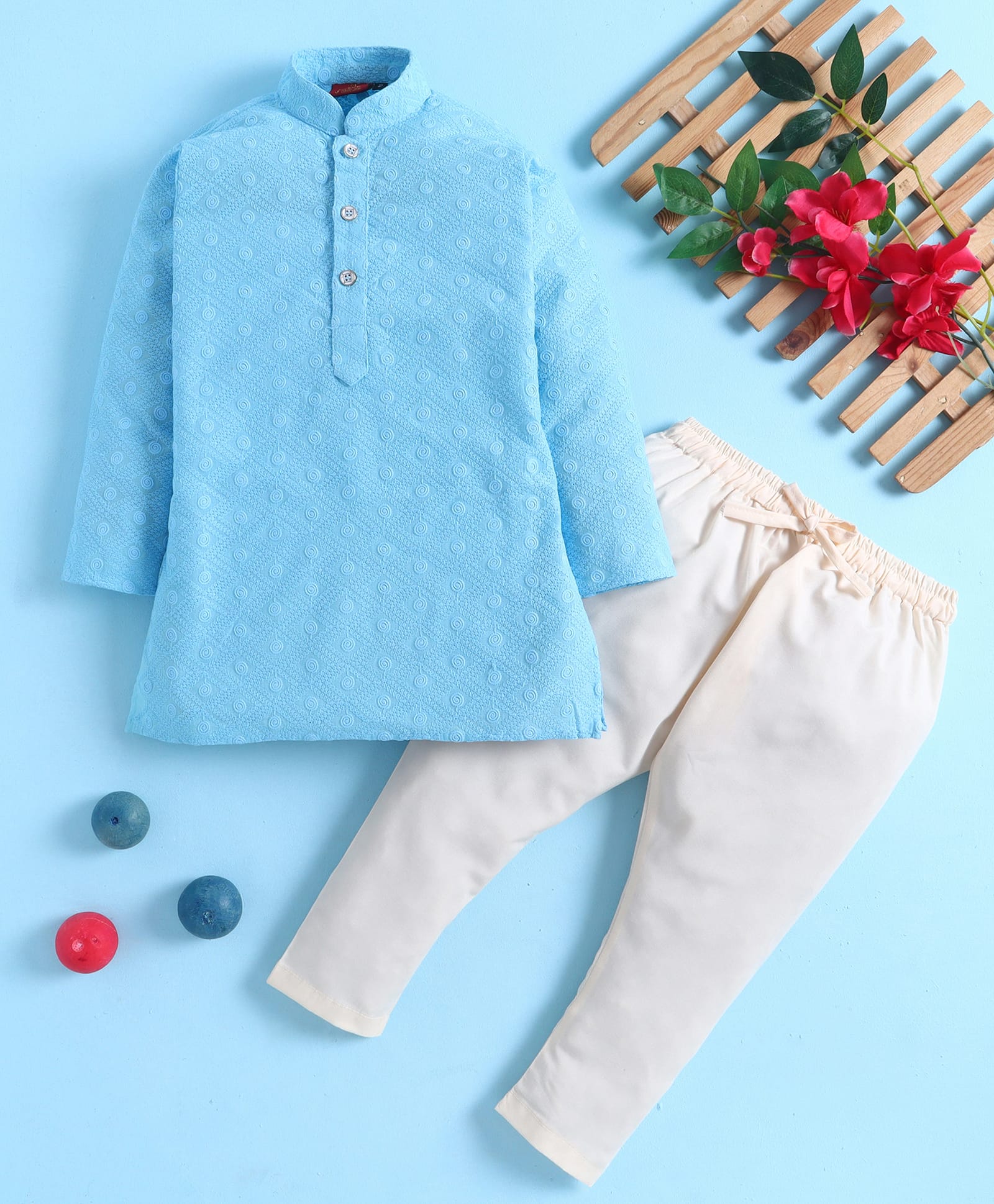 Jeet Ethnics Cotton Blend Knit Full Sleeves Geometric Embroidered Kurta & Pyjama Set - Blue-image-32