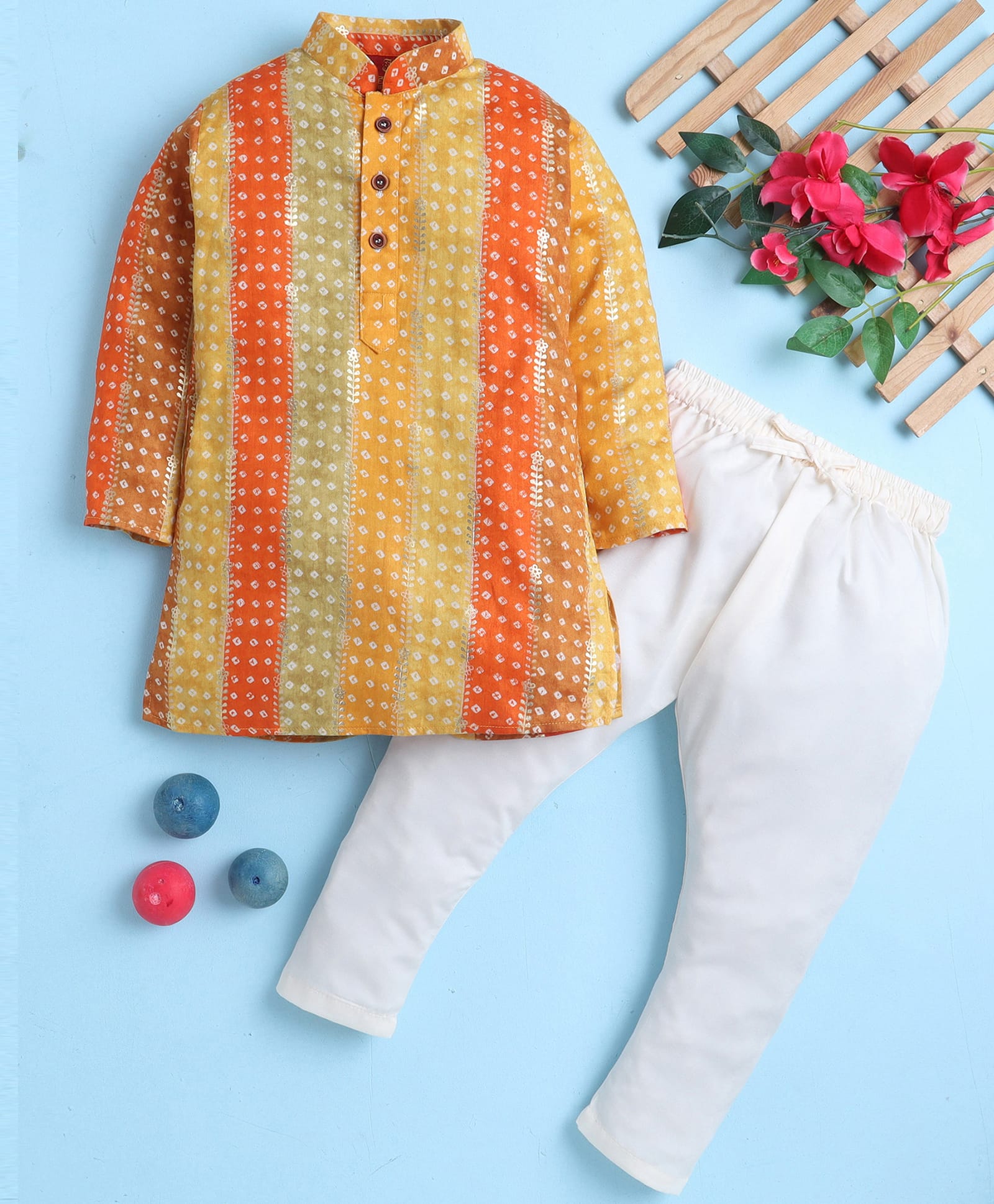 Jeet Ethnics Cotton Blend Knit Full Sleeves Bandhani Printed Kurta & Pyjama Set - Multi Colour-image-32