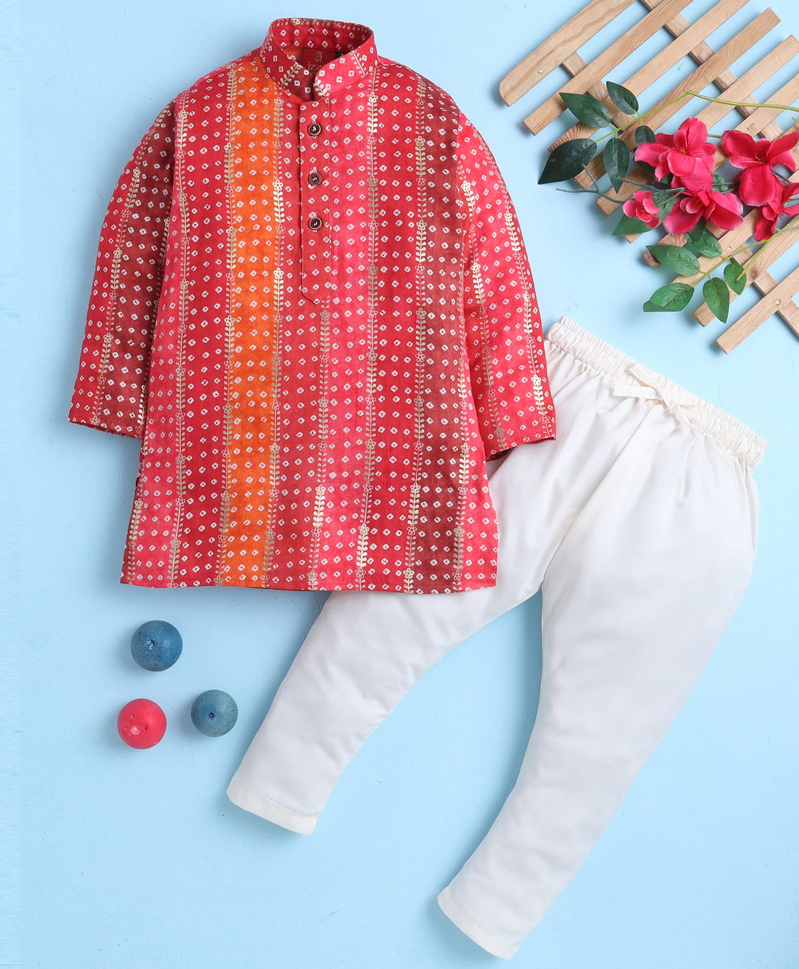 Jeet Ethnics Cotton Blend Knit Full Sleeves Bandhani Printed Kurta & Pyjama Set - Red-picture-10