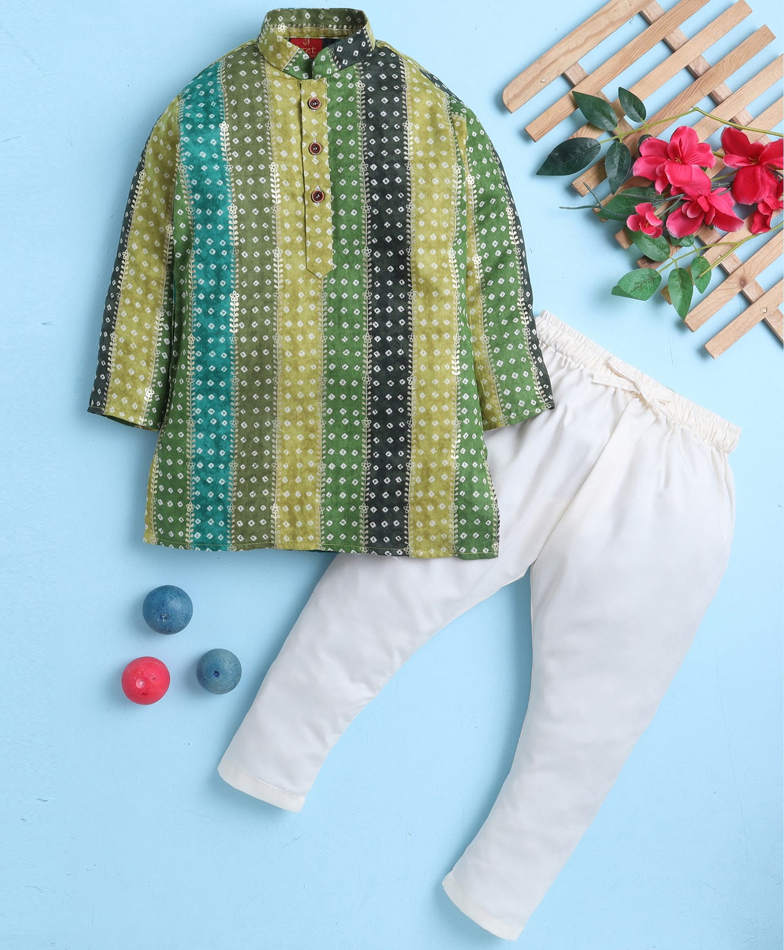 Jeet Ethnics Cotton Blend Knit Full Sleeves Bandhani Printed Kurta & Pyjama Set - Green-picture-32