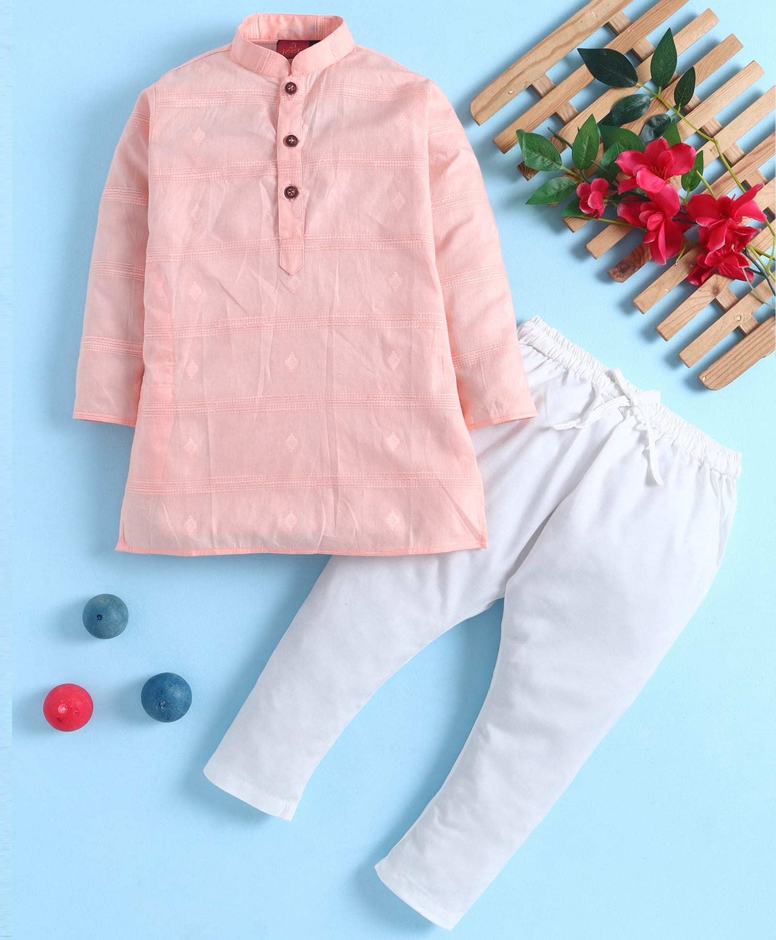 Jeet Ethnics Cotton Blend Knit Full Sleeves Geometric Embroidered Kurta & Pyjama Set - Peach-image-26