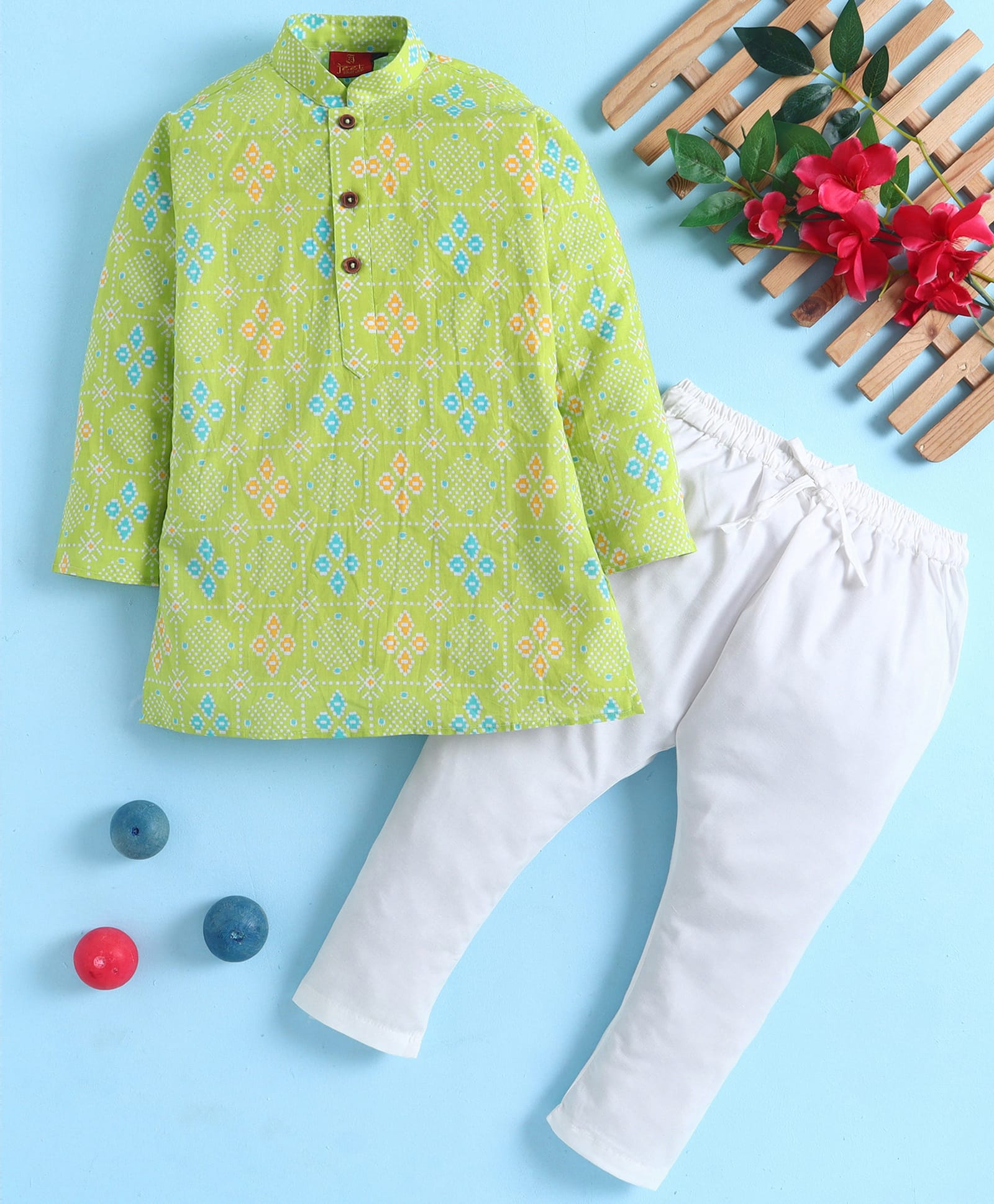 Jeet Ethnics Cotton Blend Knit Full Sleeves Geometric Printed Kurta & Pyjama Set - Green-picture-47