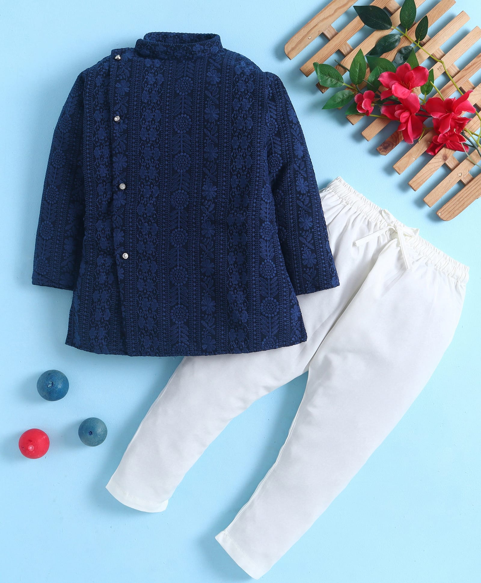 Jeet Ethnics Cotton Blend Knit Full Sleeves Floral Embroidered Kurta & Pyjama Set - Navy Blue-picture-17