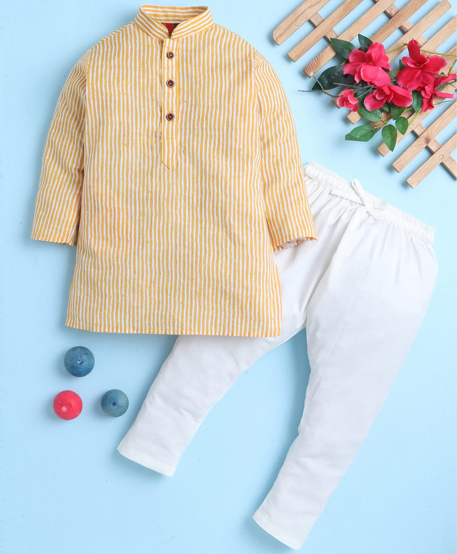 Jeet Ethnics Cotton Blend Knit Full Sleeves Striped Kurta & Pyjama Set - Yellow-picture-11