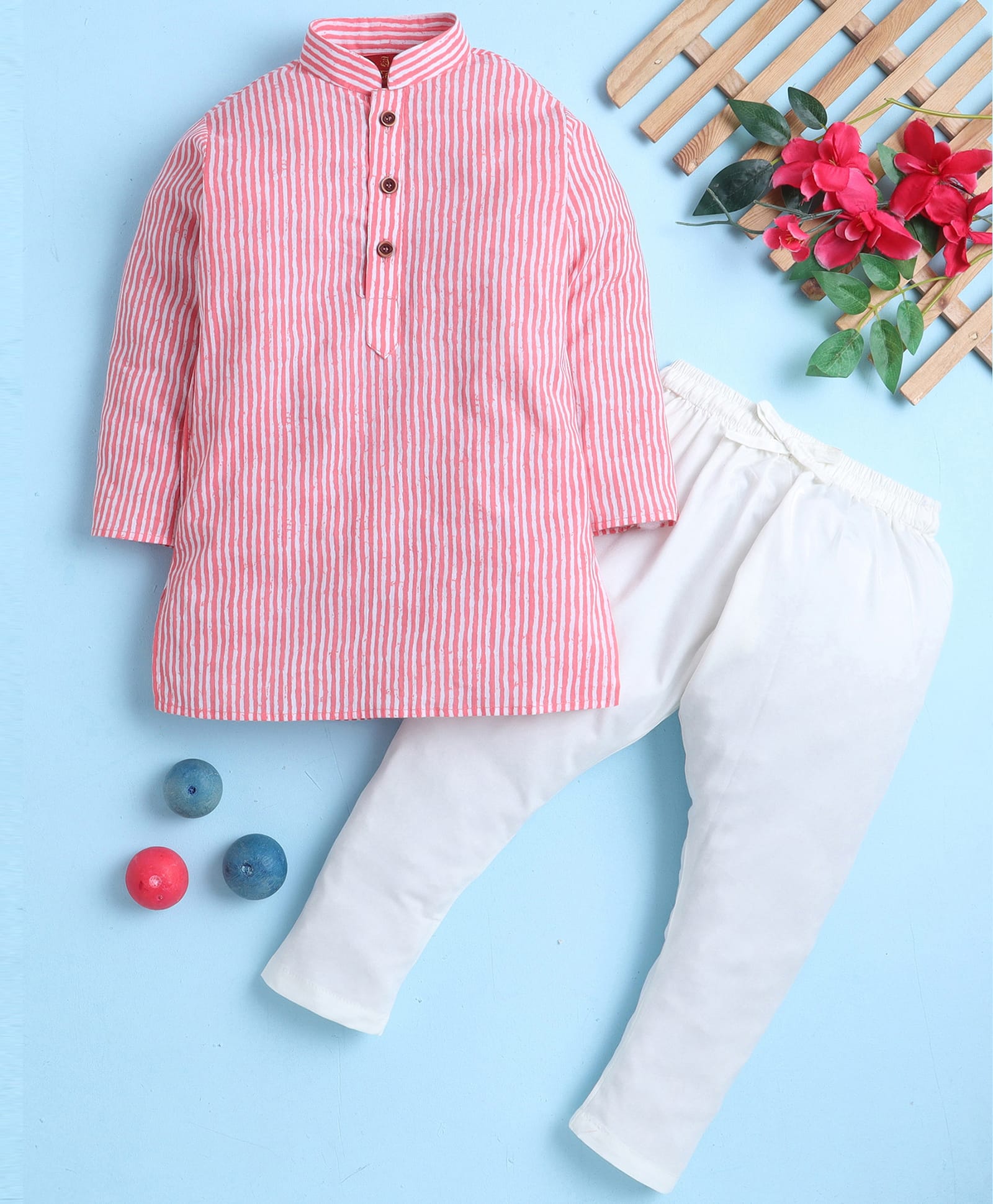 Jeet Ethnics Cotton Blend Knit Full Sleeves Striped Kurta & Pyjama Set - Pink-image-43