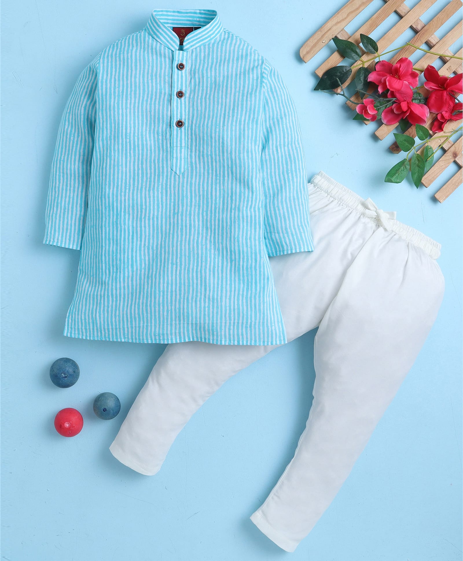 Jeet Ethnics Cotton Blend Knit Full Sleeves Striped Kurta & Pyjama Set - Turquoise-picture-33
