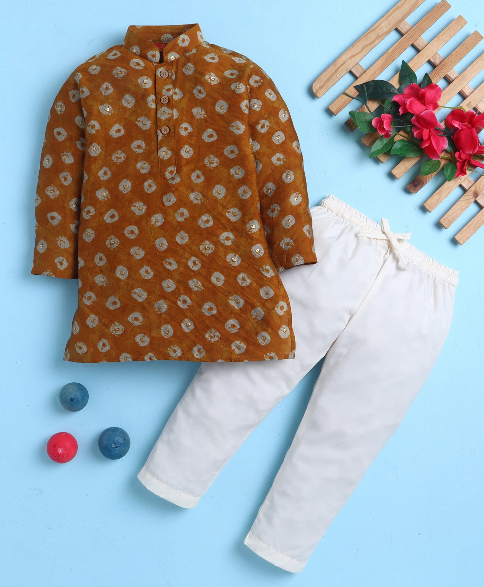 Jeet Ethnics Cotton Blend Knit Full Sleeves Sequins Embellished Bandhani Printed Kurta & Pyjama Set - Mustard-picture-2