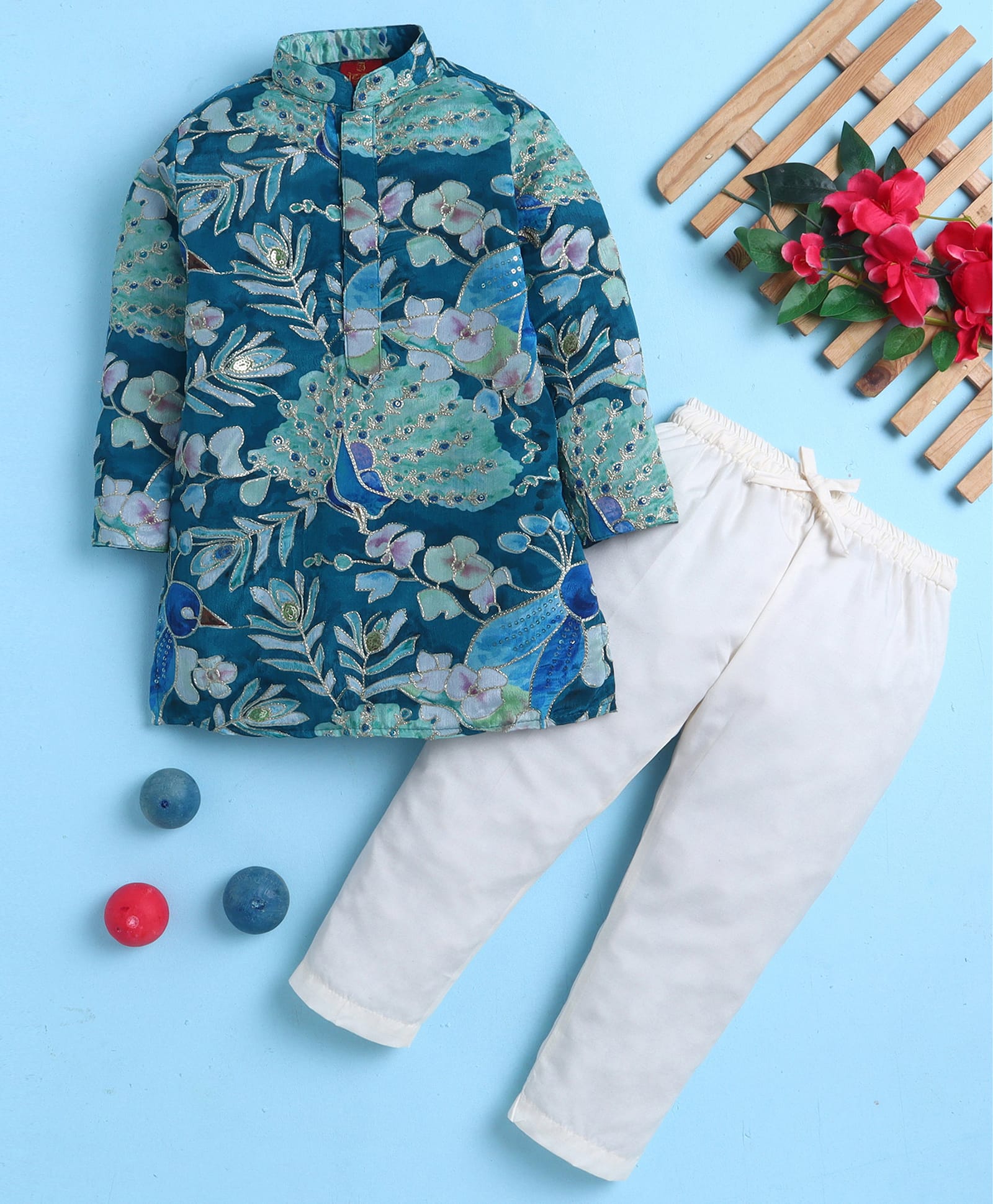 Jeet Ethnics Cotton Blend Knit Full Sleeves Sequins Embellished Peacock Embroidered Kurta & Pyjama Set - Blue-picture-1