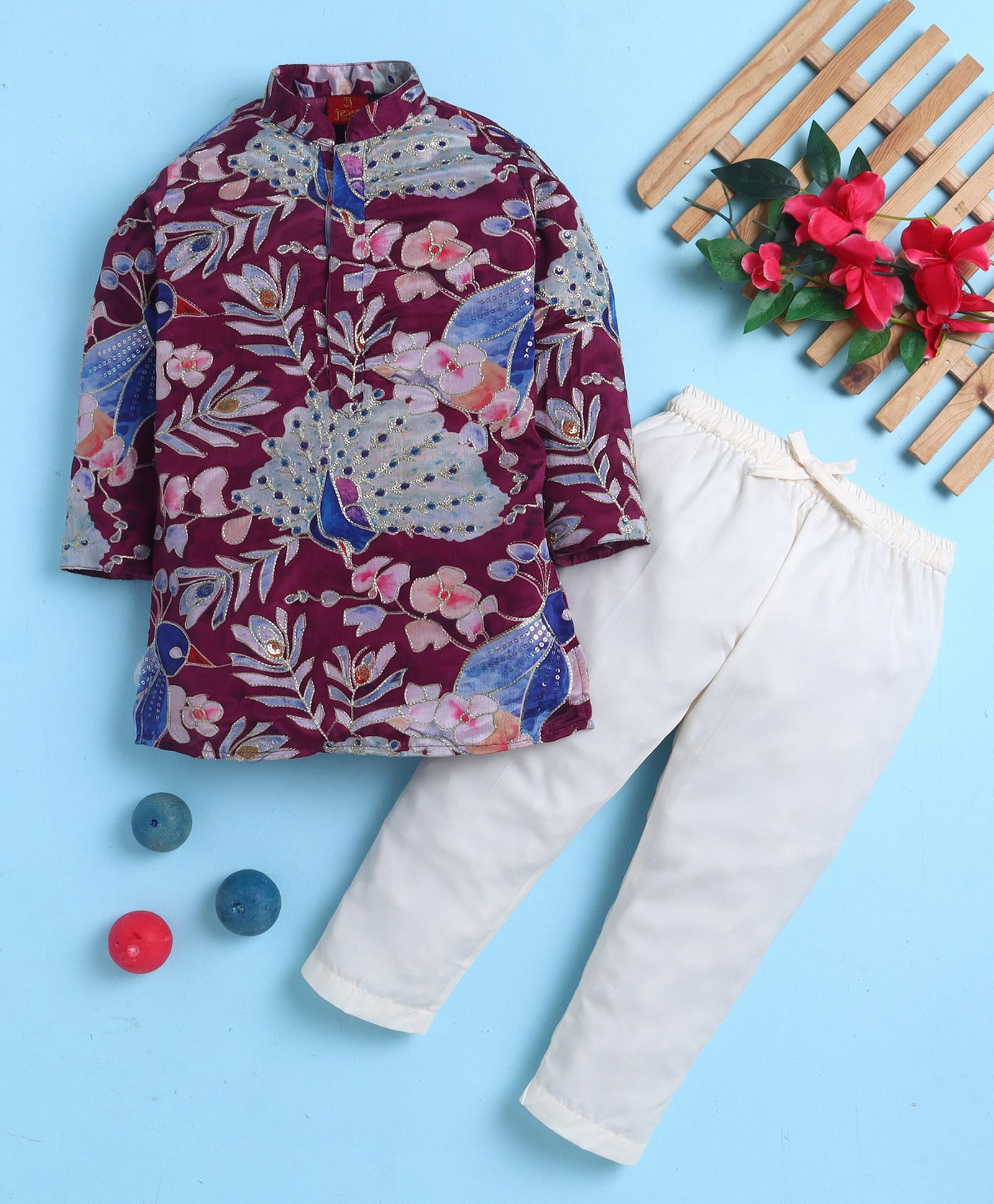 Jeet Ethnics Cotton Blend Knit Full Sleeves Sequins Embellished Peacock Embroidered Kurta & Pyjama Set - Wine-picture-12