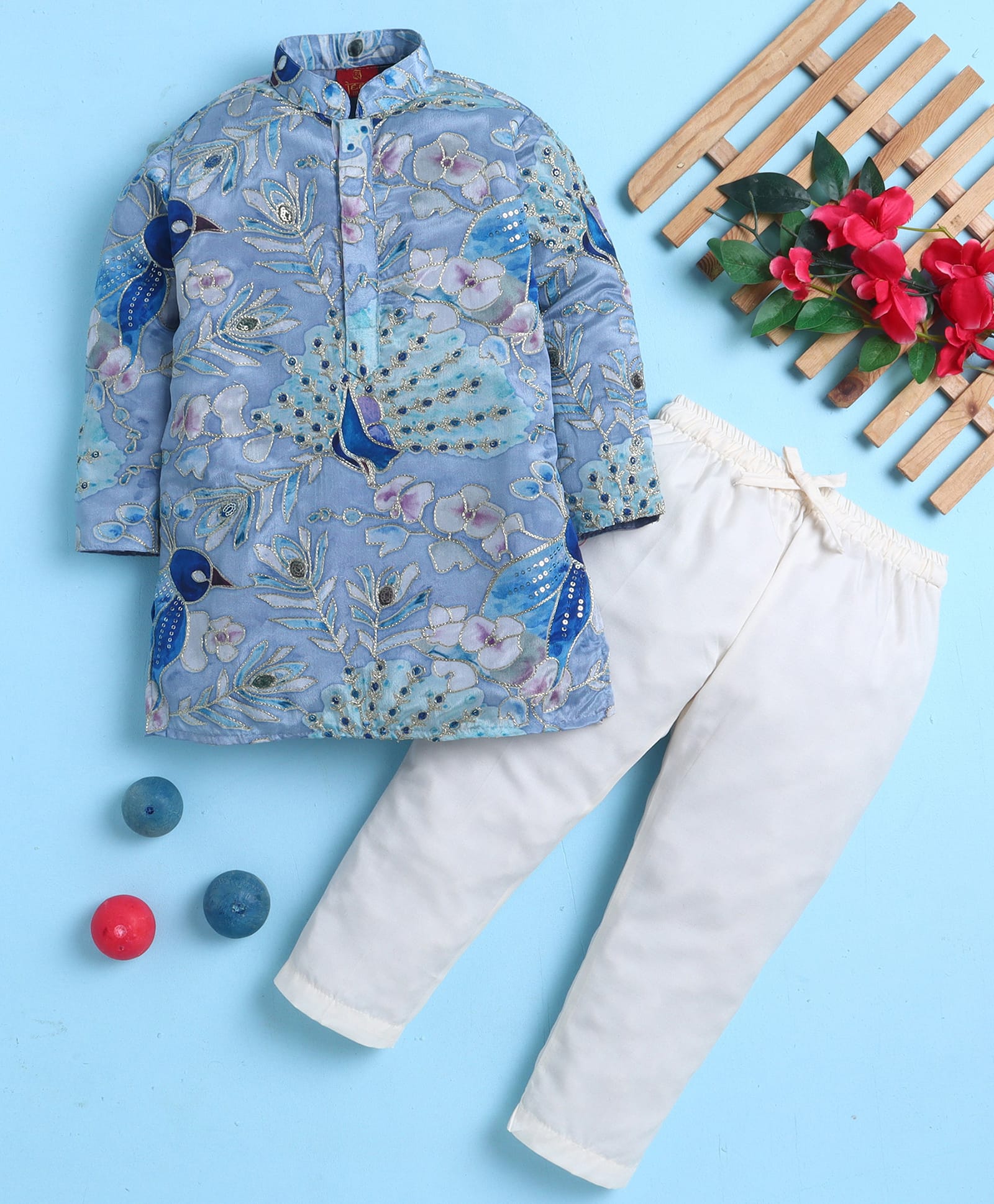 Jeet Ethnics Cotton Blend Knit Full Sleeves Sequins Embellished Peacock Embroidered Kurta & Pyjama Set - Lavender-picture-0