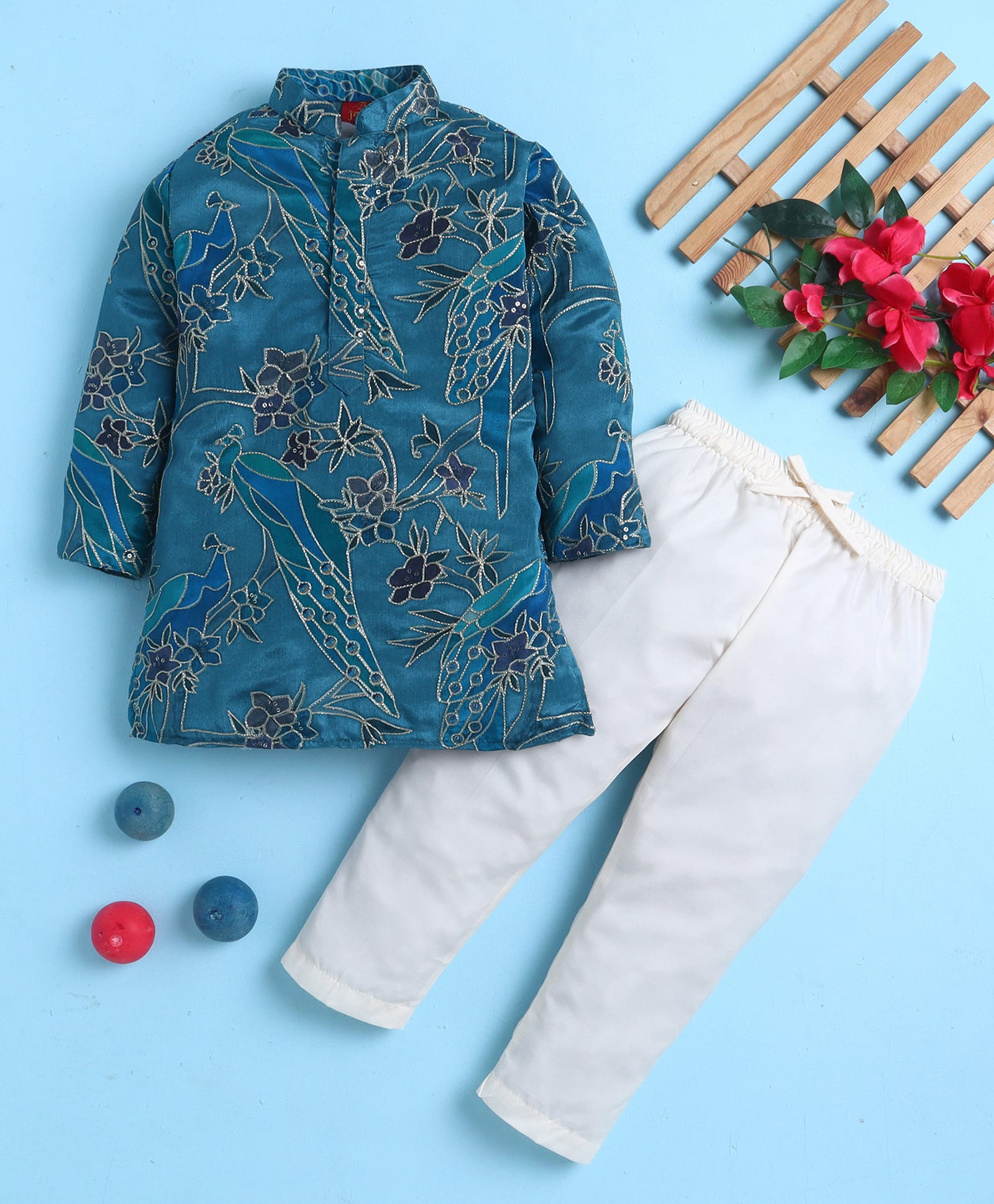 Jeet Ethnics Cotton Blend Knit Full Sleeves Sequins Embellished Peacock Embroidered Kurta & Pyjama Set - Blue-picture-23