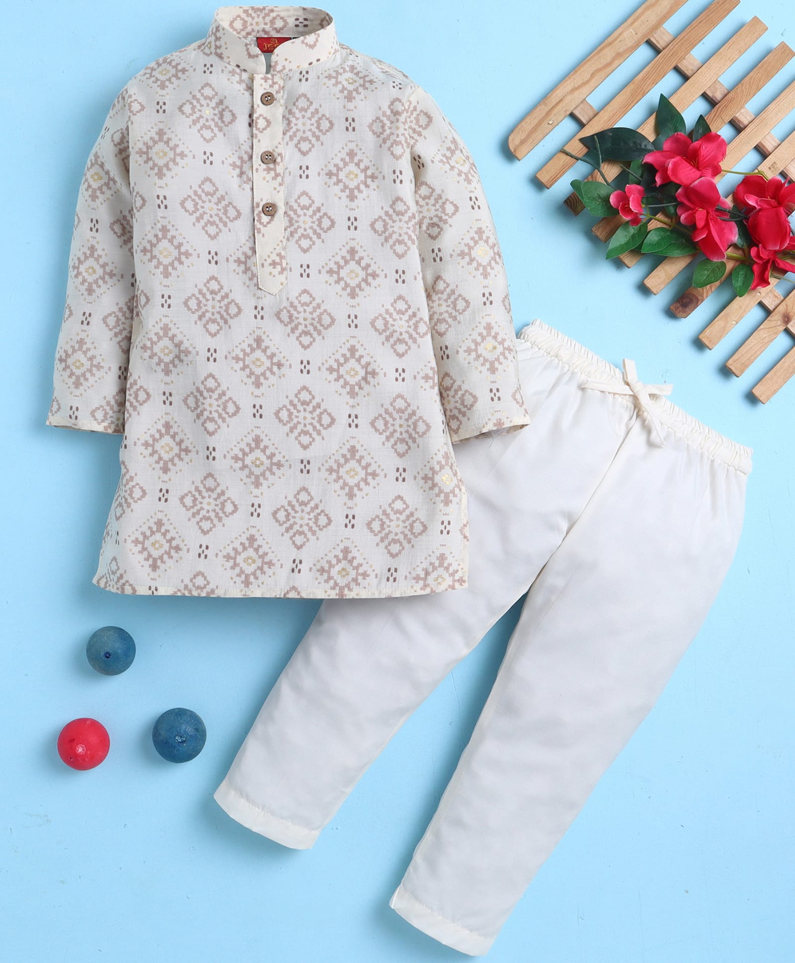 Jeet Ethnics Cotton Blend Knit Full Sleeves Ethnic Motifs Printed Kurta & Pyjama Set - Off White-picture-38