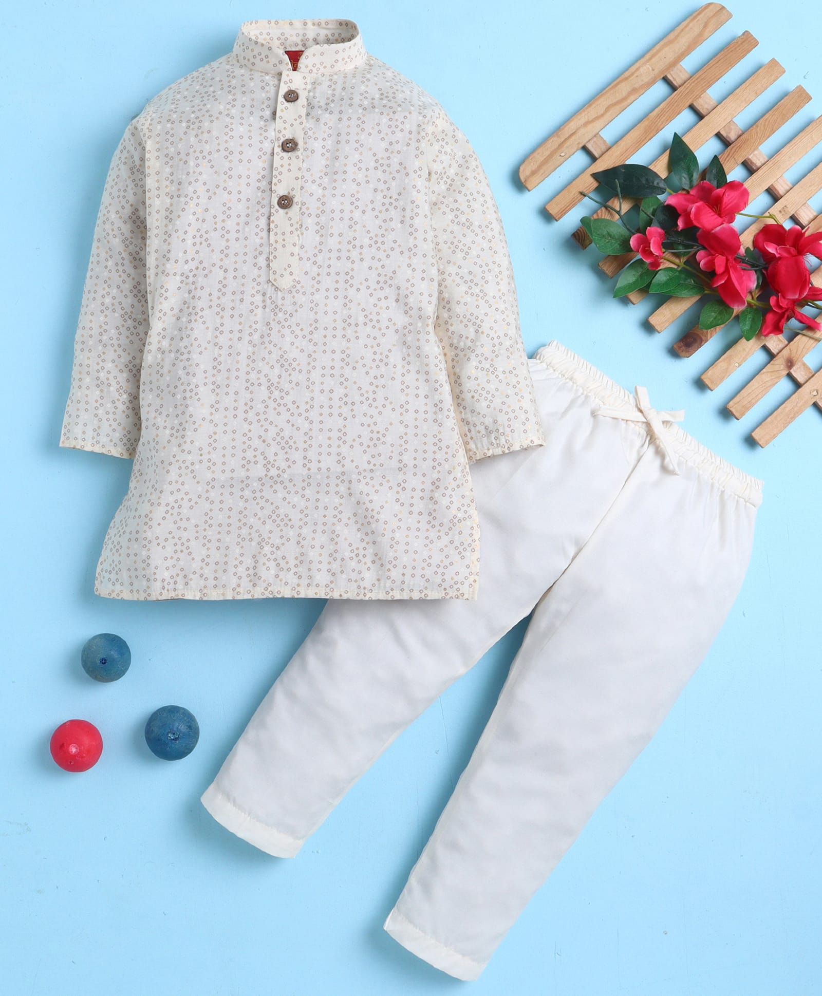 Jeet Ethnics Cotton Blend Knit Full Sleeves Bandhani Printed Kurta & Pyjama Set - Off White-picture-15