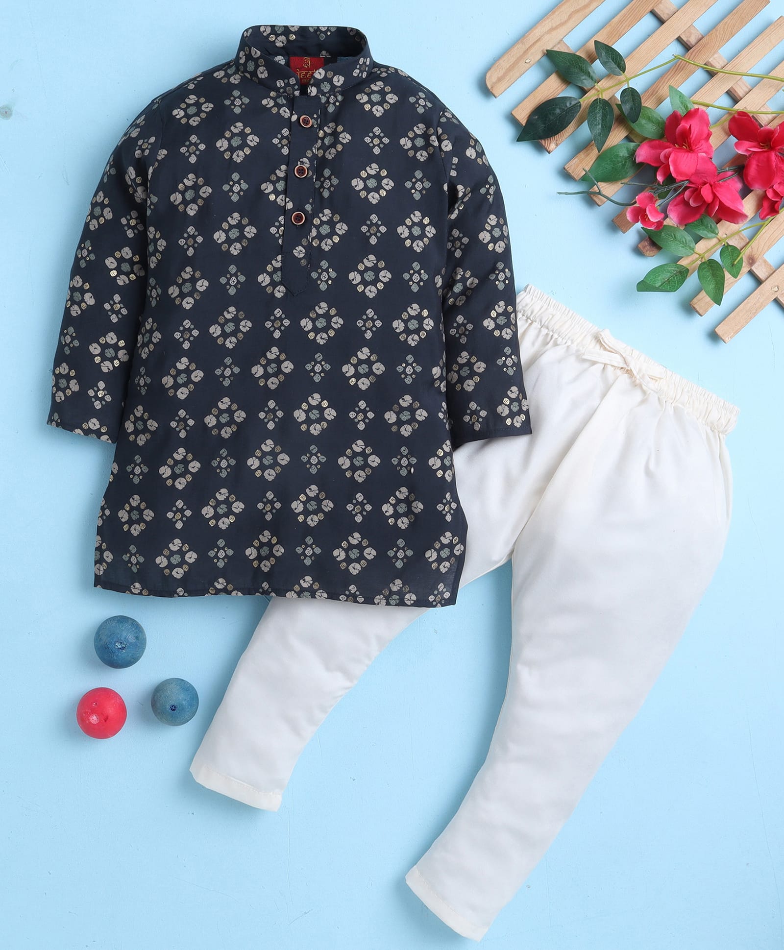 Jeet Ethnics Cotton Blend Knit Full Sleeves Geometric Printed Kurta & Pyjama Set - Grey-image-43