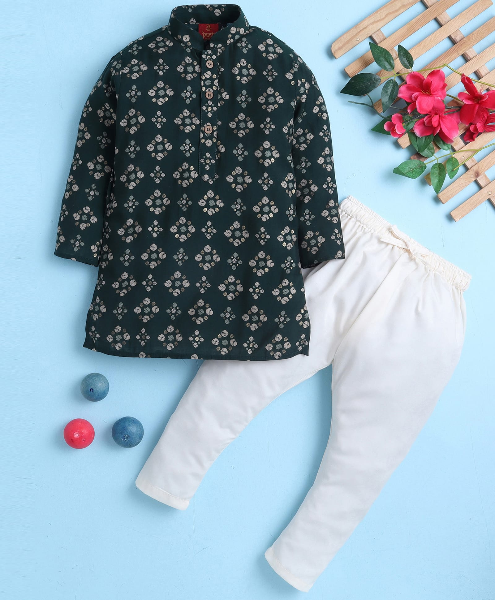 Jeet Ethnics Cotton Blend Knit Full Sleeves Geometric Printed Kurta & Pyjama Set - Green-image-25