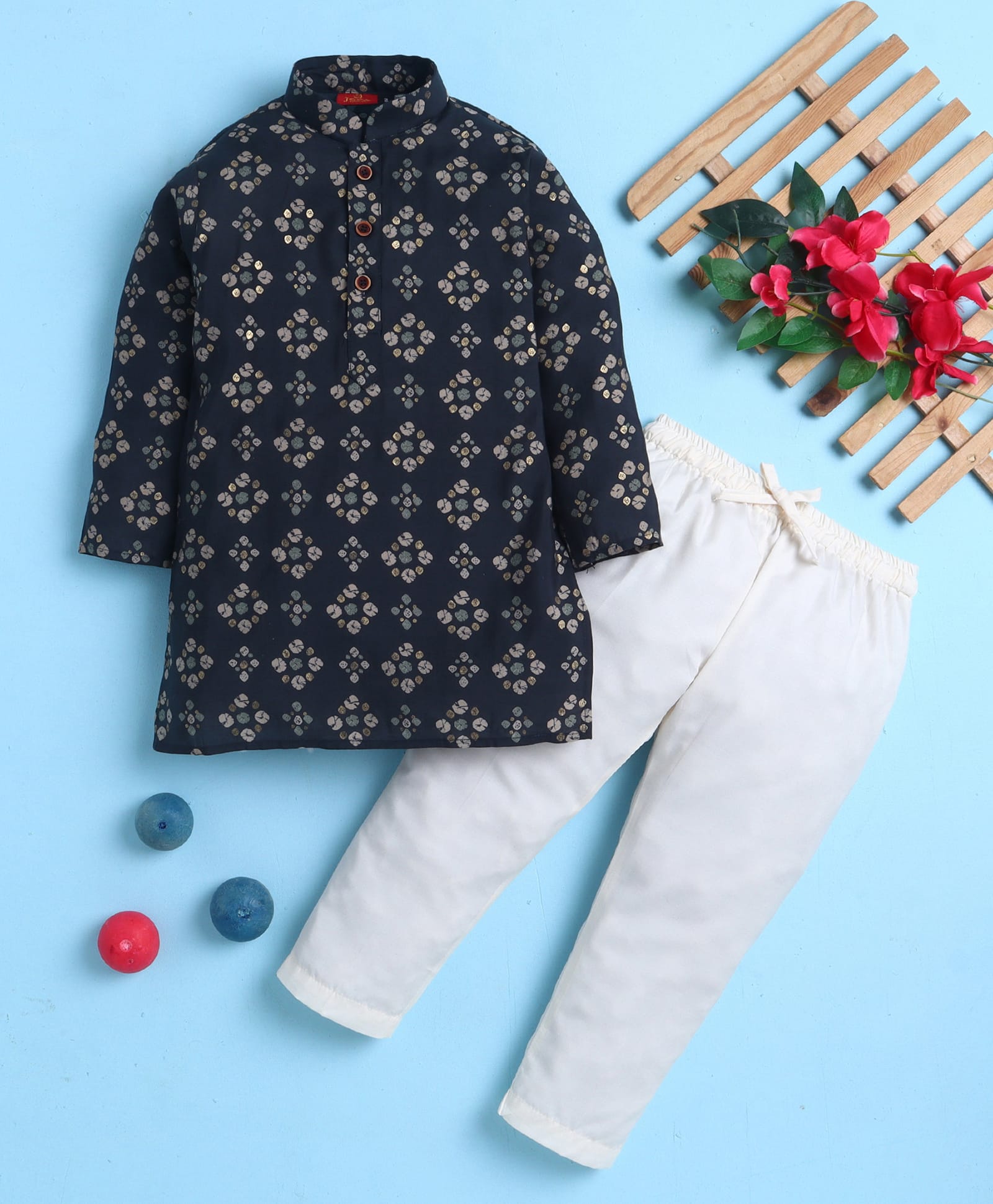 Jeet Ethnics Cotton Blend Knit Full Sleeves Geometric Printed Kurta & Pyjama Set - Navy Blue-image-33