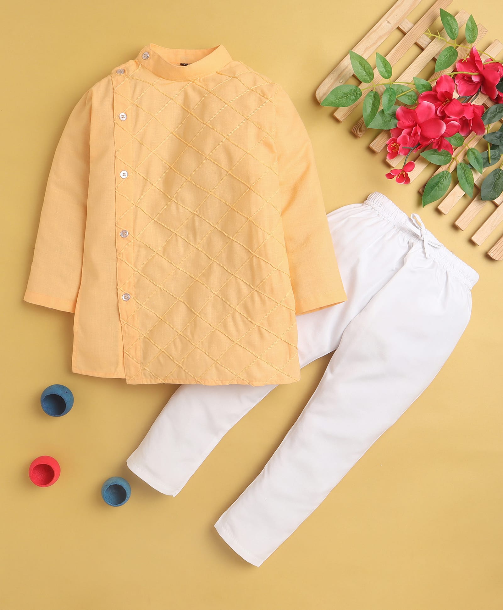 Jeet Ethnics Cotton Blend Knit Full Sleeves Geometric Embroidered Kurta & Pyjama Set - Yellow-picture-48