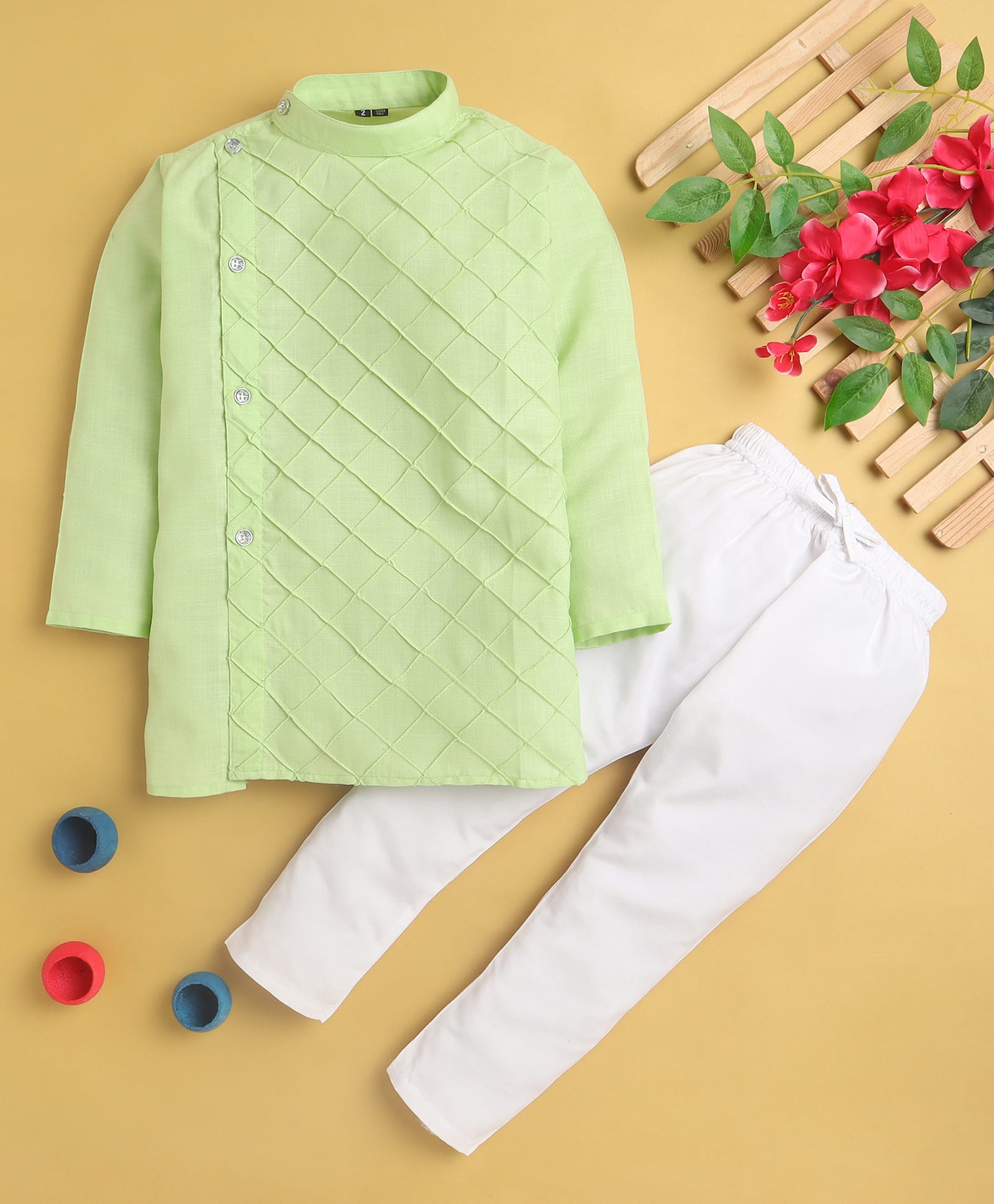 Jeet Ethnics Cotton Blend Knit Full Sleeves Geometric Embroidered Kurta & Pyjama Set - Green-image-35