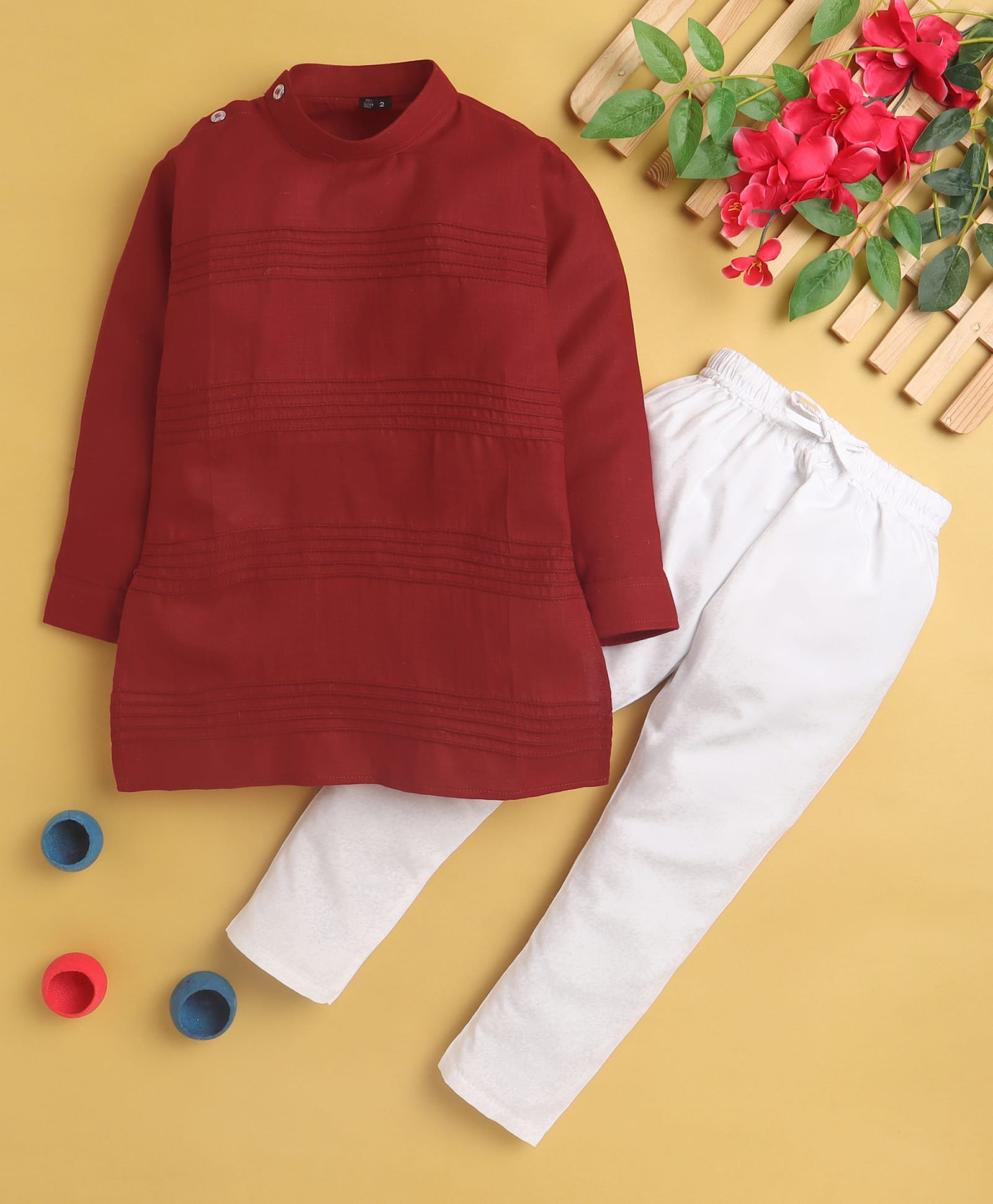Jeet Ethnics Cotton Blend Knit Full Sleeves Pleated Kurta & Pyjama Set - Red-picture-26
