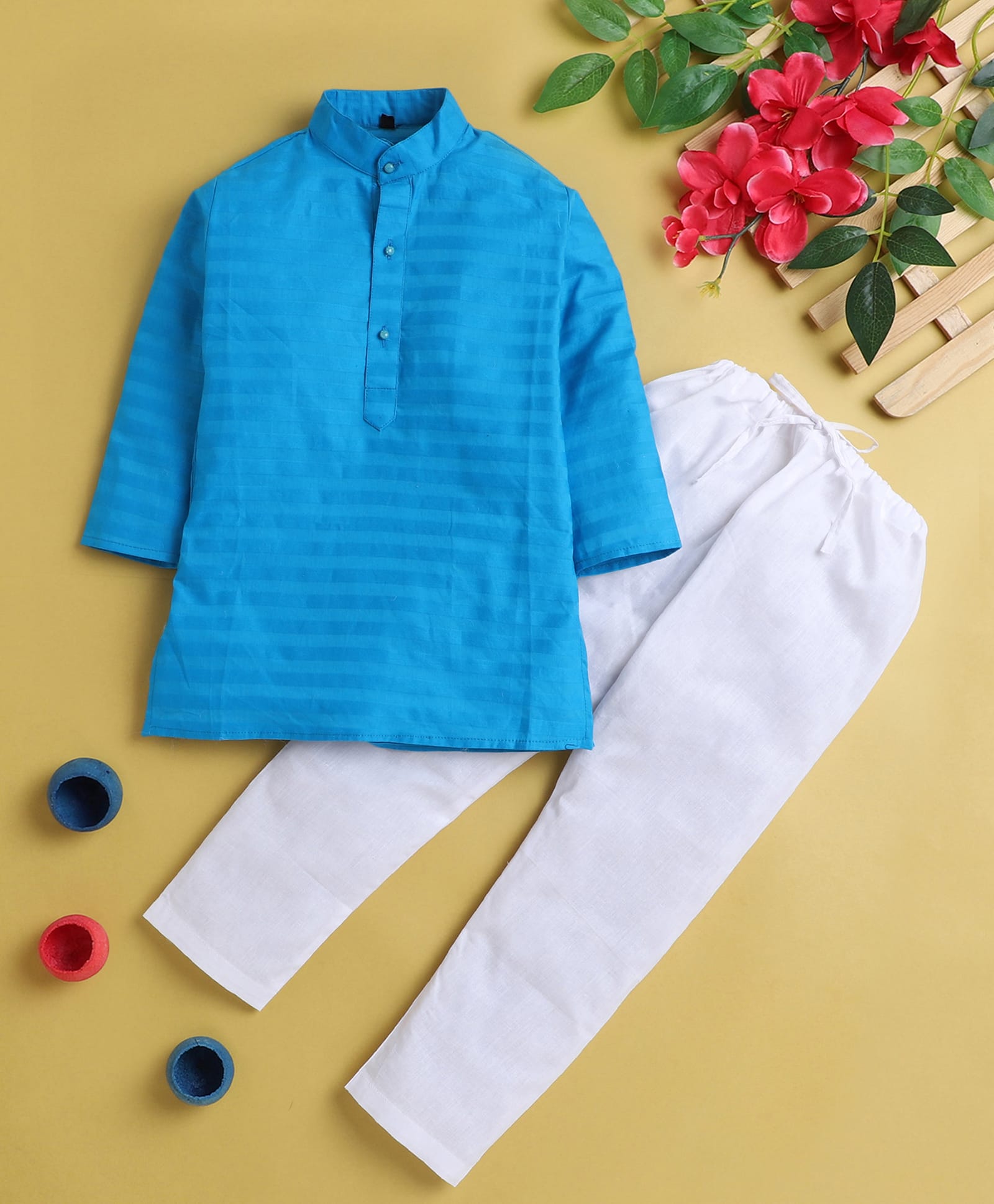 Jeet Ethnics Cotton Blend Knit Full Sleeves Striped Kurta & Pyjama Set - Blue-image-35