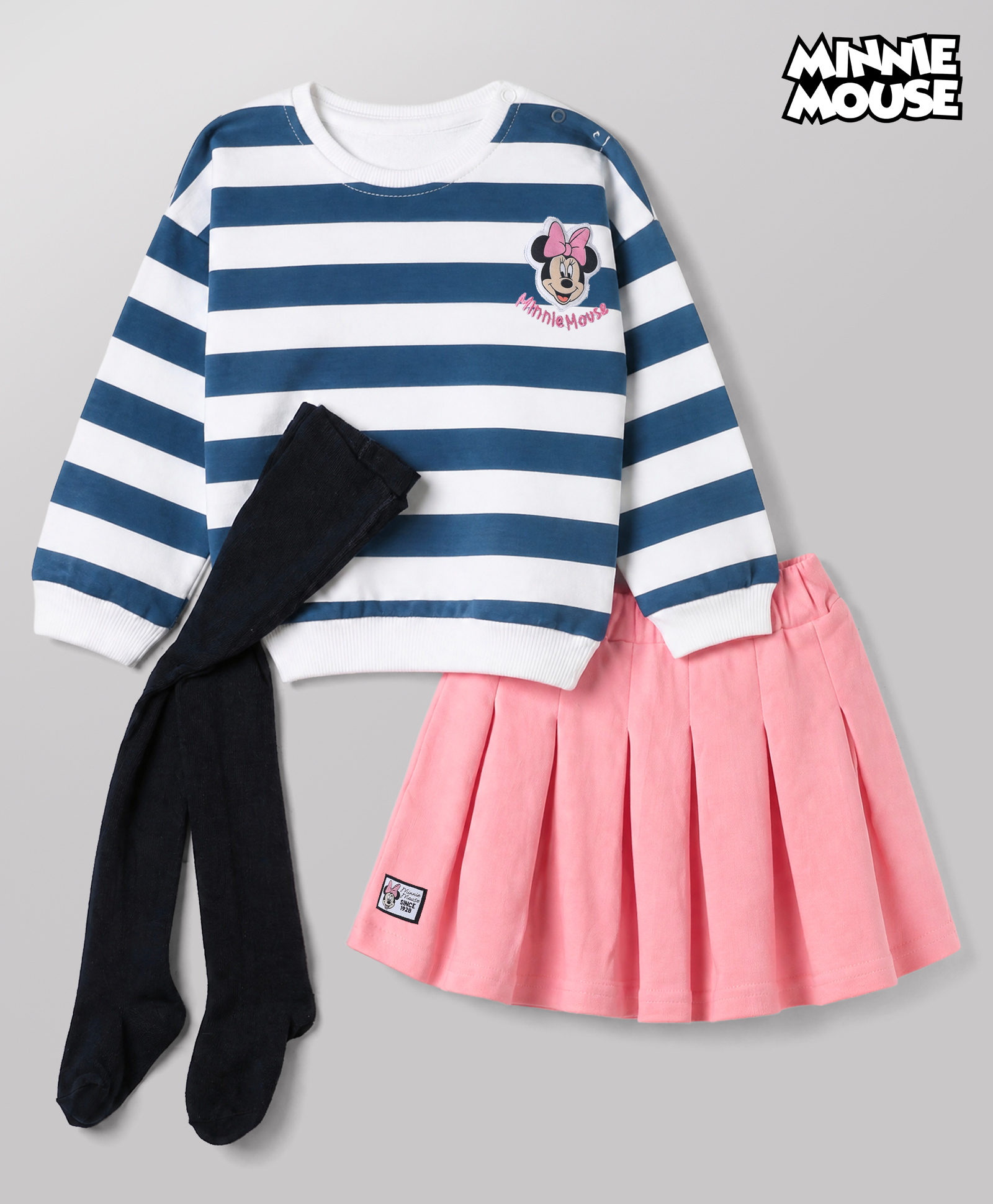 Babyhug Disney 100% Cotton Terry Knit Full Sleeves Sweatshirt & Skirt With Leggings & Minnie Mouse Patch in White