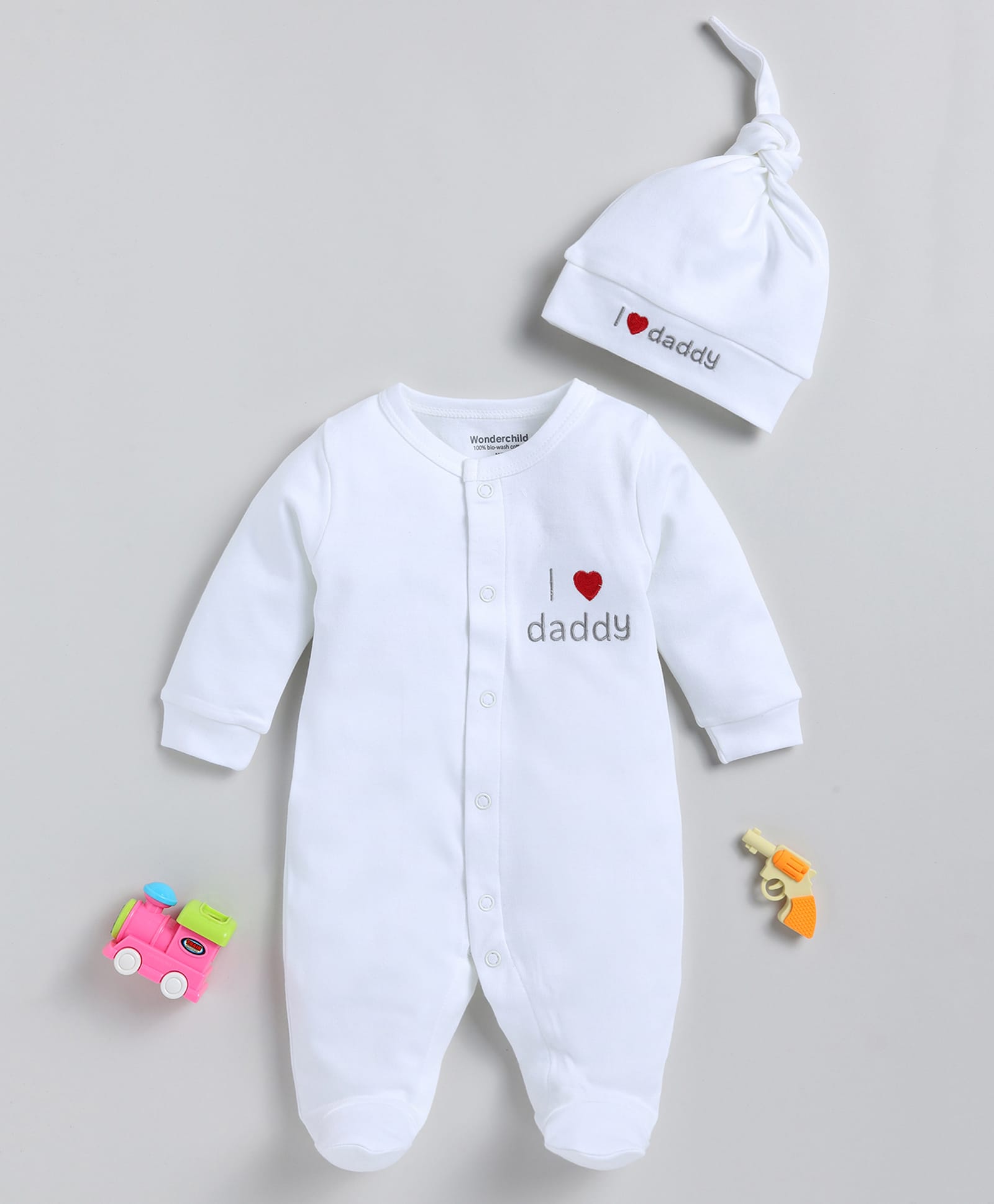 Wonderchild Interlock Woven Full Sleeve Sleepsuit with Cap & I Love Daddy Embroidery - White-image-13