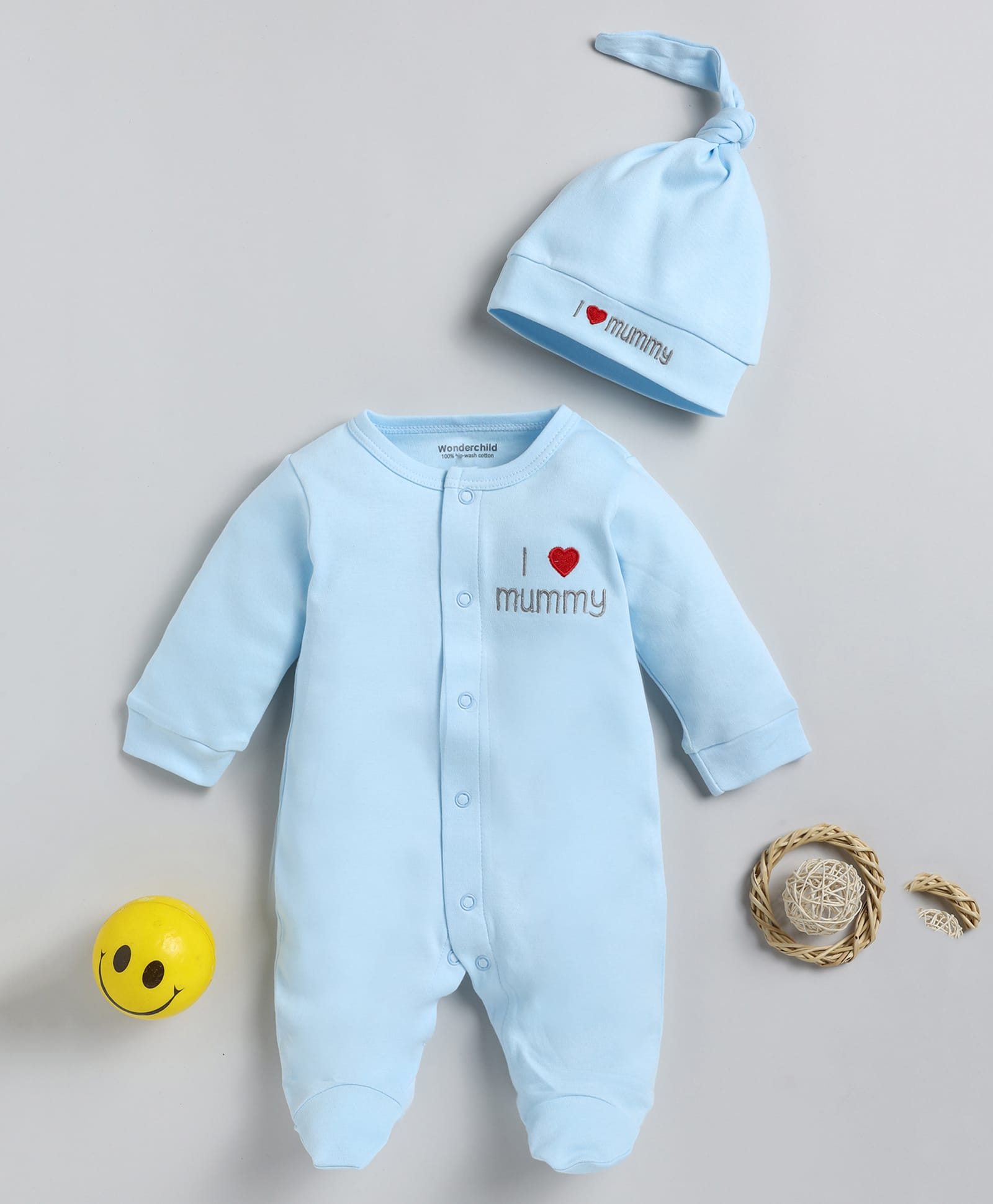 Wonderchild Interlock Woven Full Sleeve Sleepsuit with Cap & I Love Mummy Embroidery - Sky Blue-image-33