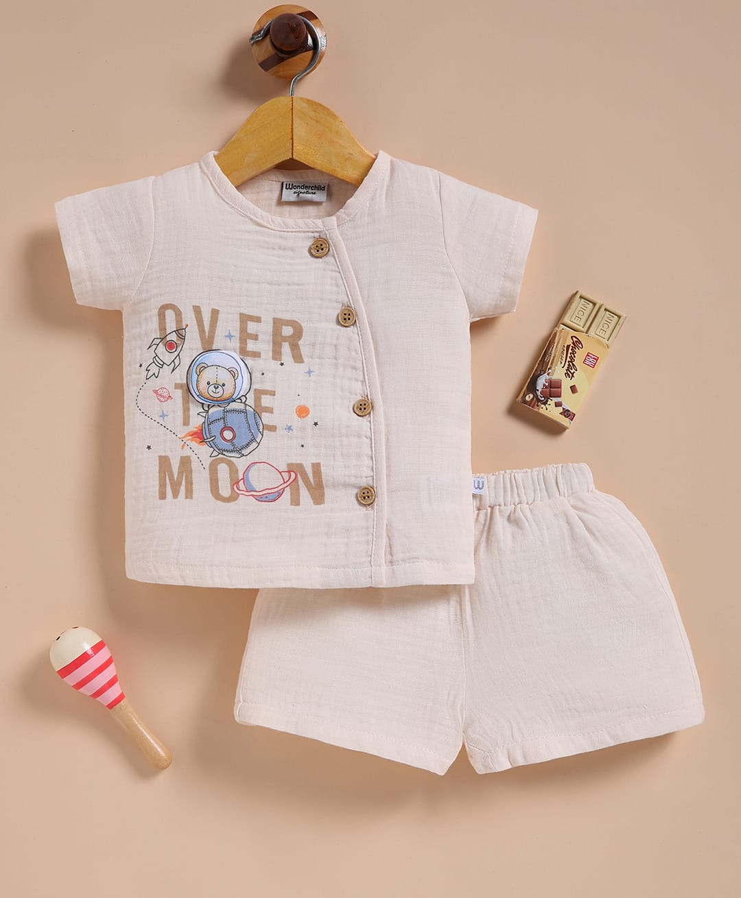 Wonderchild Interlock Knit Woven Half Sleeves Shirt & Shorts Set With Text Print & Bear Applique - Cream-image-30