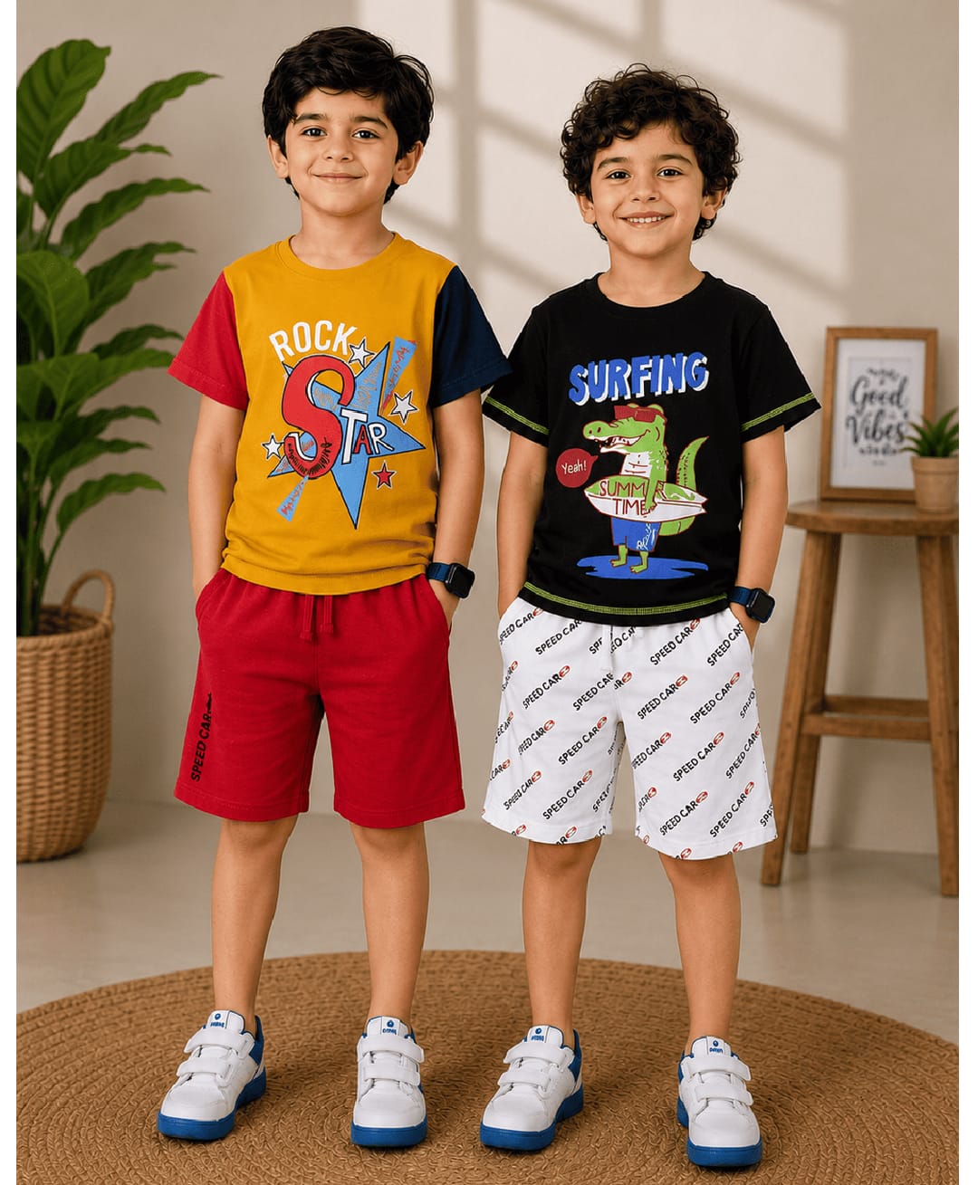 3PIN 100% Cotton Knit Pack Of 2 Half Sleeves Star & Summer Time Text Printed Tees & Shorts Set - Mustard & Black-picture-14