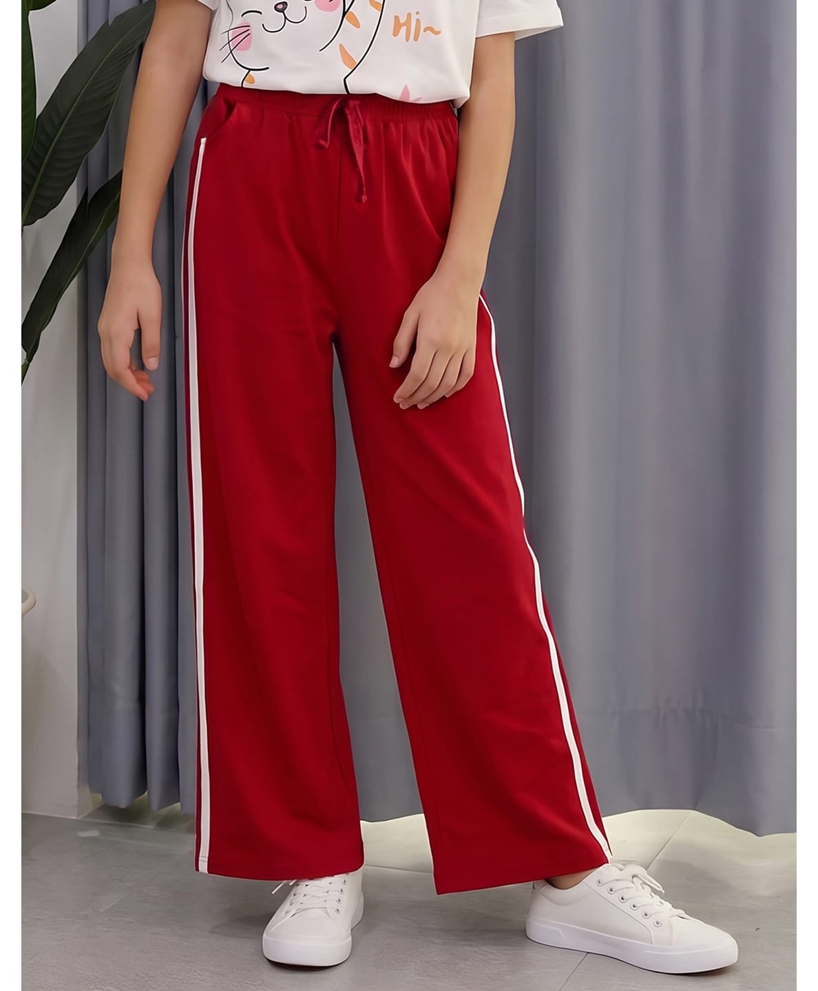 Lil Tomatoes Cotton Looper Knit Side Taped Pants - Cranberry-image-0