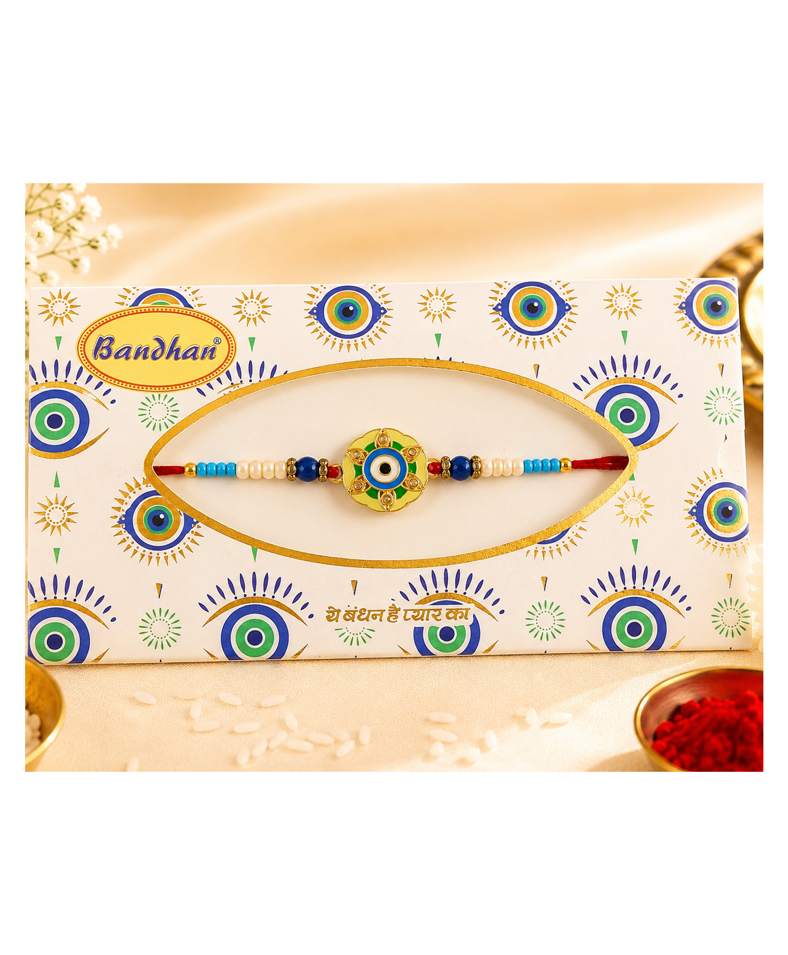 Evil Eye Rakhi - Light Blue & Gold| Premium Beaded Artwork| Perfect for Gifting| Raksha Bandhan| Wards-off Evil-image-3