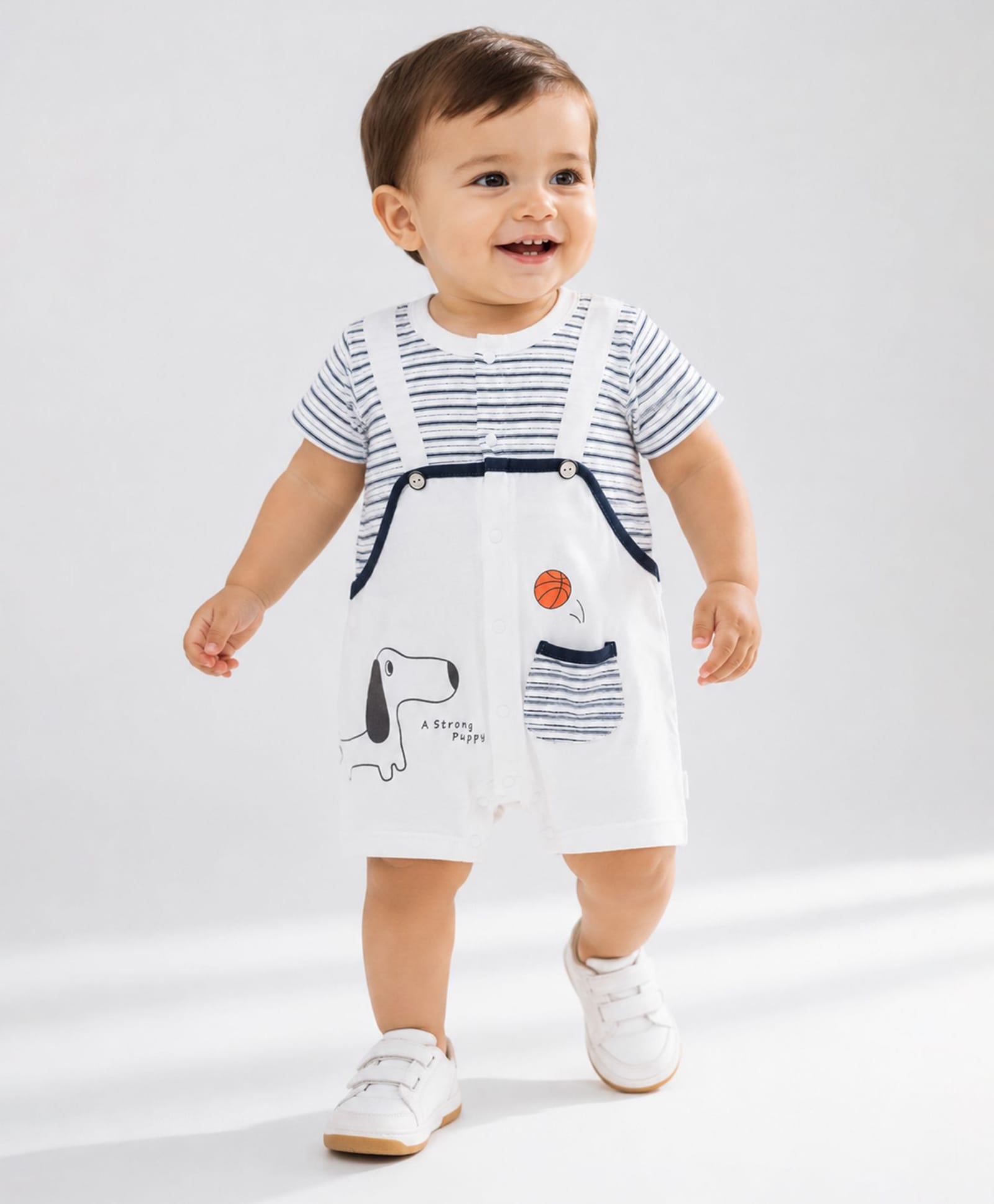 Little Surprise Box Cotton Woven Half Sleeves Puppy & Ball Printed Dungaree Style Romper - White-image-38