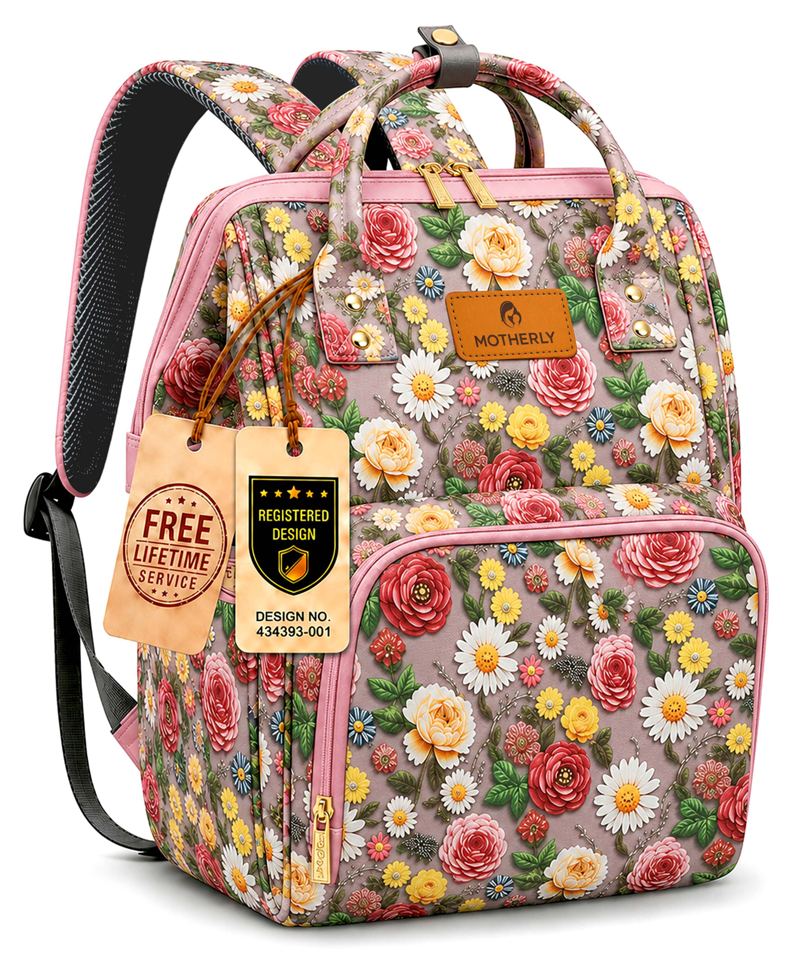 Motherly Patented Diaper Bag Backpack for Moms , Waterproof Baby Travel & Maternity Bag , Spacious Nappy Bag with Insulated Bottle Pockets & Warranty - Floral Series, Flower-image-26