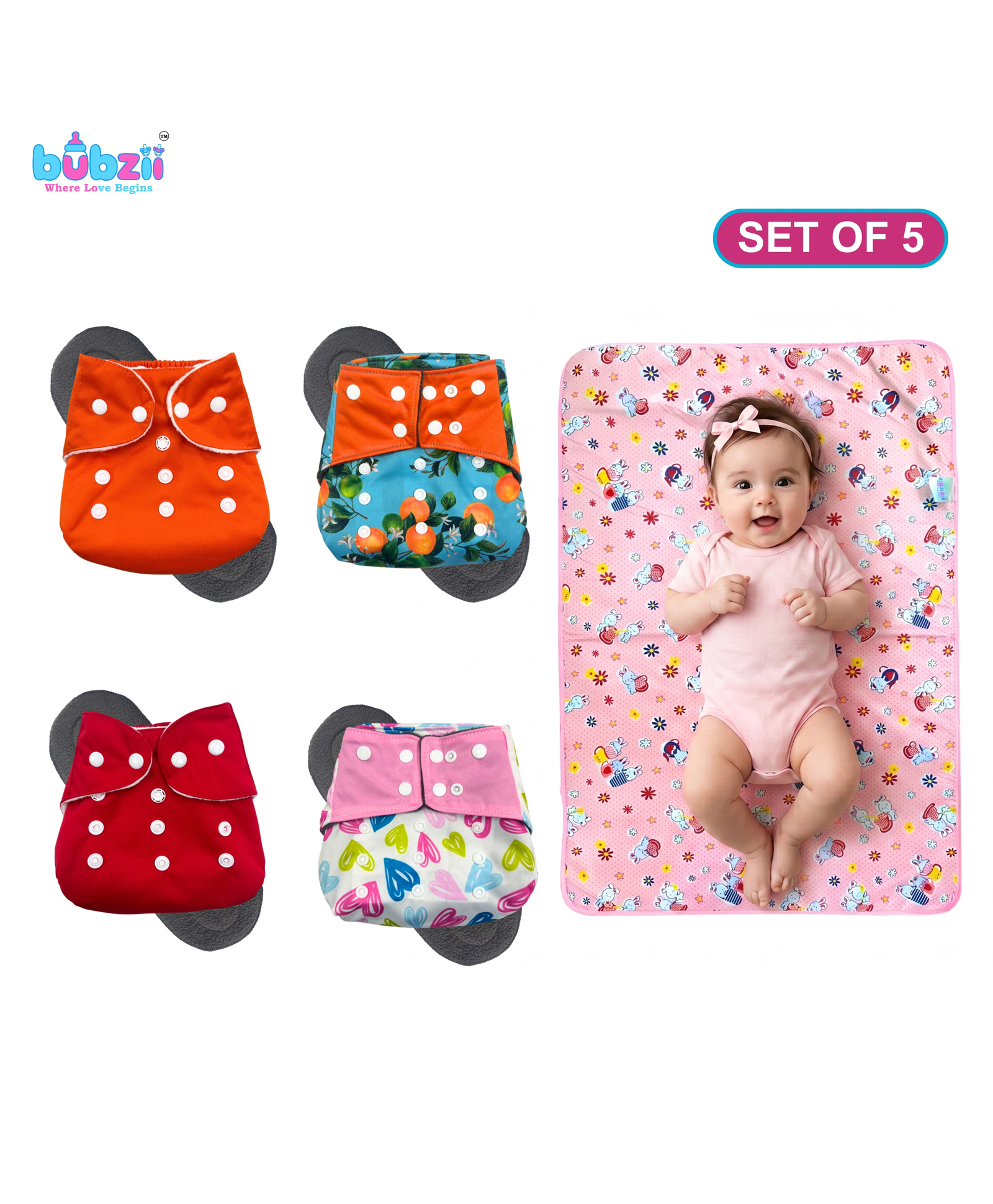Bubzii Baby Gift Set ,4 Reusable Cloth Diaper with 1 Removable Microfiber Insert & Waterproof Changing Sheet , Adjustable, Washable, Leak-Proof , Baby Boys & Girls-image-39