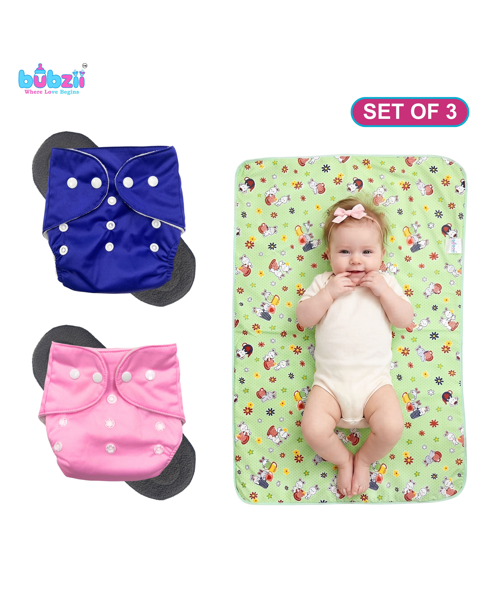 Bubzii Baby Gift Set ,2 Reusable Cloth Diaper with 1 Removable Microfiber Insert & Waterproof Changing Sheet , Adjustable, Washable, Leak-Proof , Baby Boys & Girls-image-31