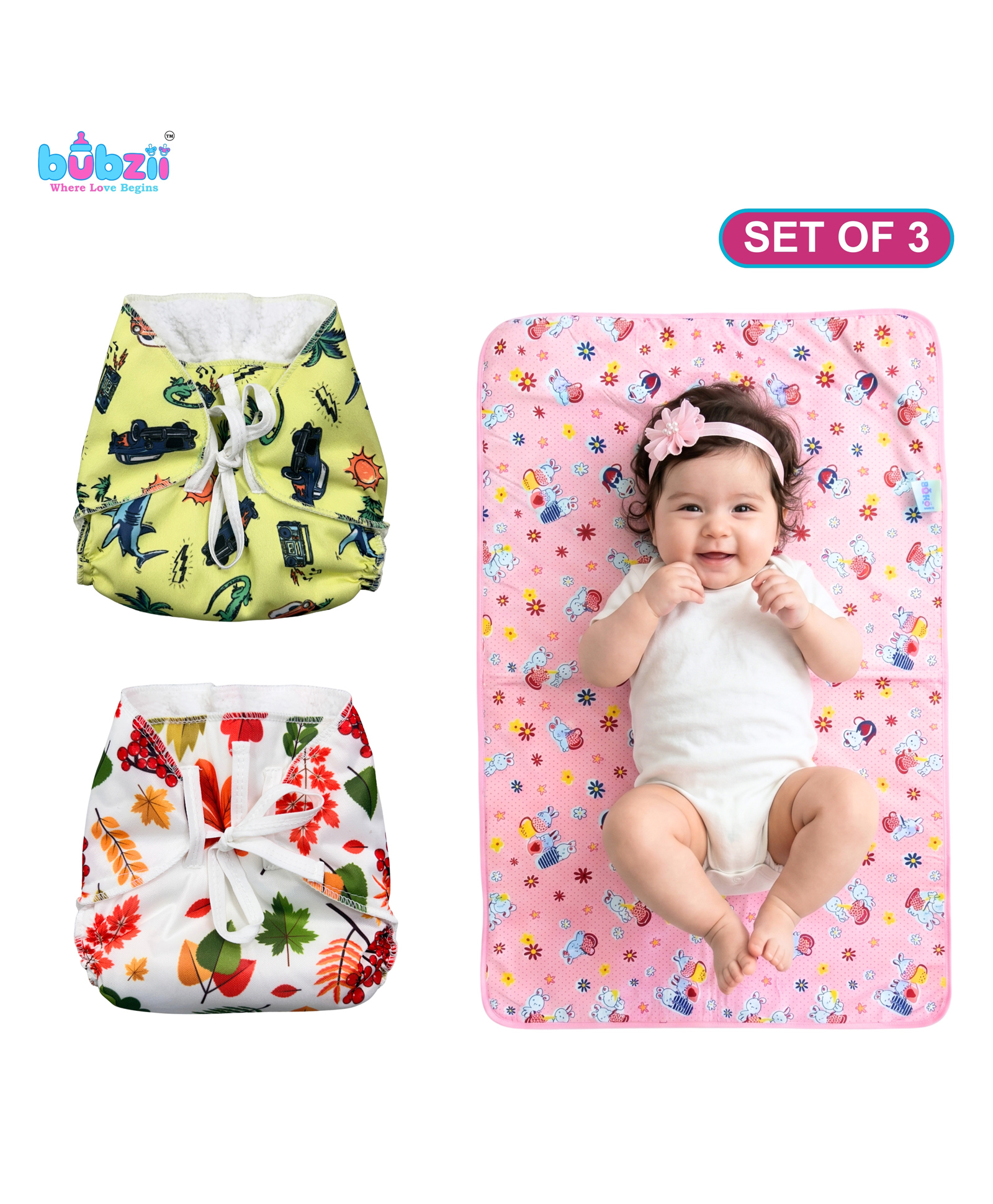 Bubzii Baby Gift Set ,2 Reusable Cloth Nappies with 1 Removable Microfiber Insert & Waterproof Changing Sheet , Adjustable, Washable, Leak-Proof , Baby Boys & Girls-image-32