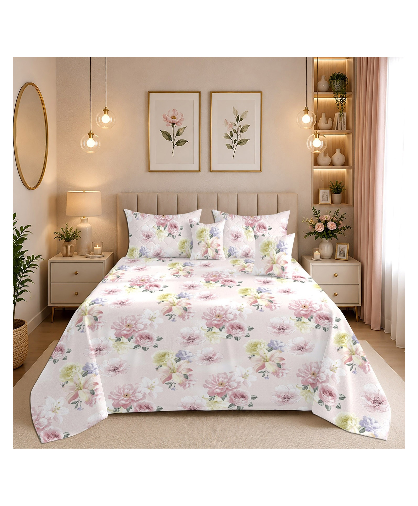Morado Premium Quilted 5 Pcs Bedding Set with 1 Double Bedsheet, 2 Pillow Covers & 2 Cushion Covers with Fillers , Ultra Soft & Washable , Pink Iris-picture-44