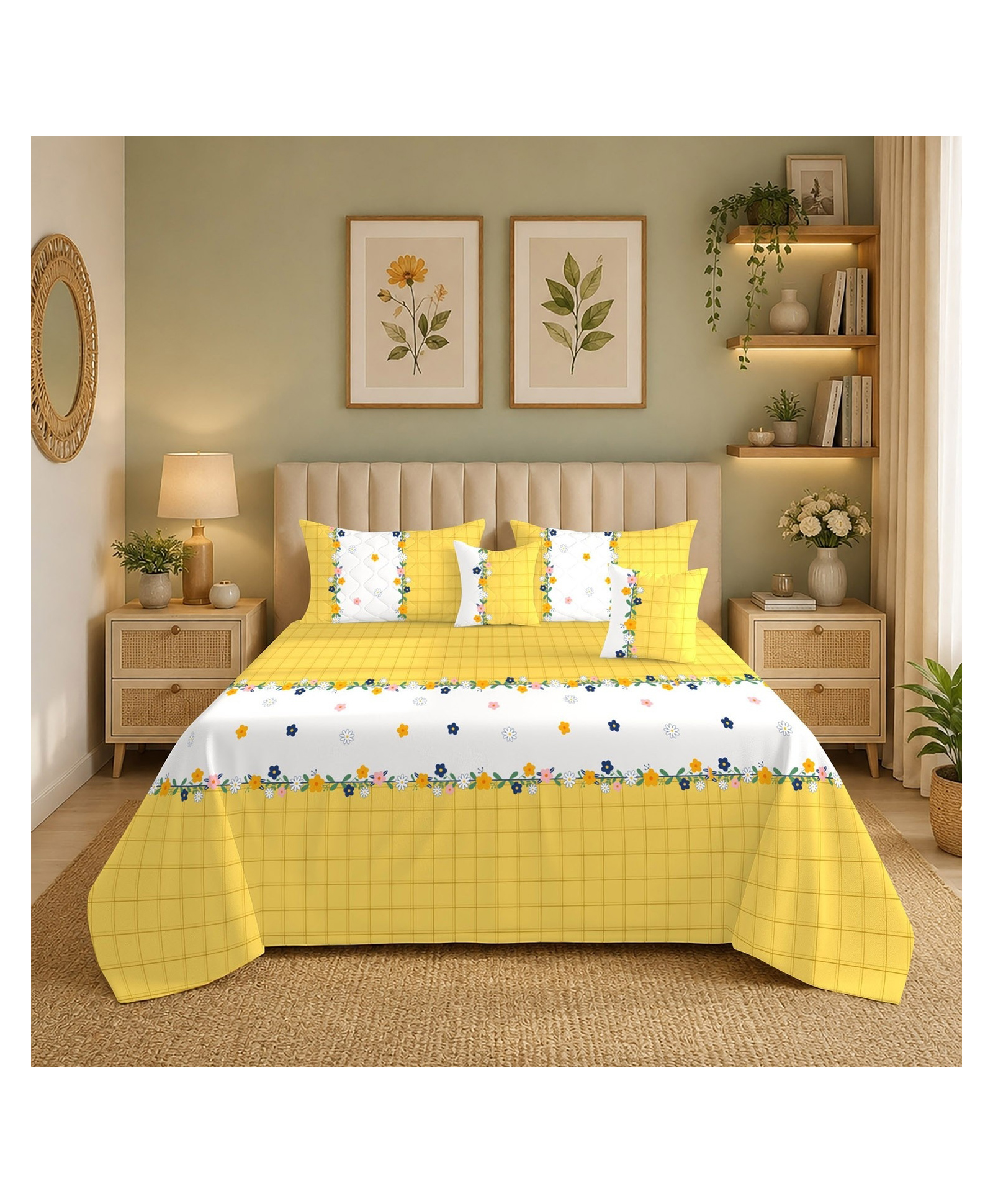 Morado Premium Quilted 5 Pcs Bedding Set with 1 Double Bedsheet, 2 Pillow Covers & 2 Cushion Covers with Fillers , Ultra Soft & Washable , Flower Pitch-picture-43