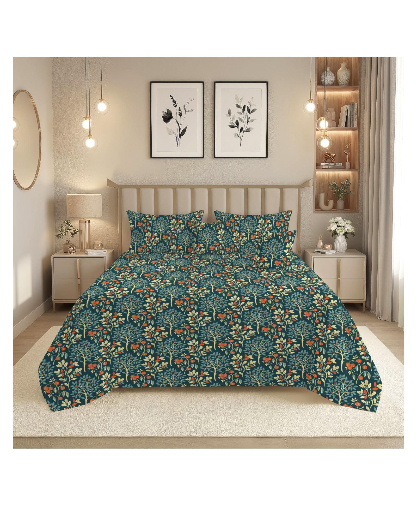 Morado Premium Quilted 5 Pcs Bedding Set with 1 Double Bedsheet, 2 Pillow Covers & 2 Cushion Covers with Fillers , Ultra Soft & Washable , Olive Tree-picture-42