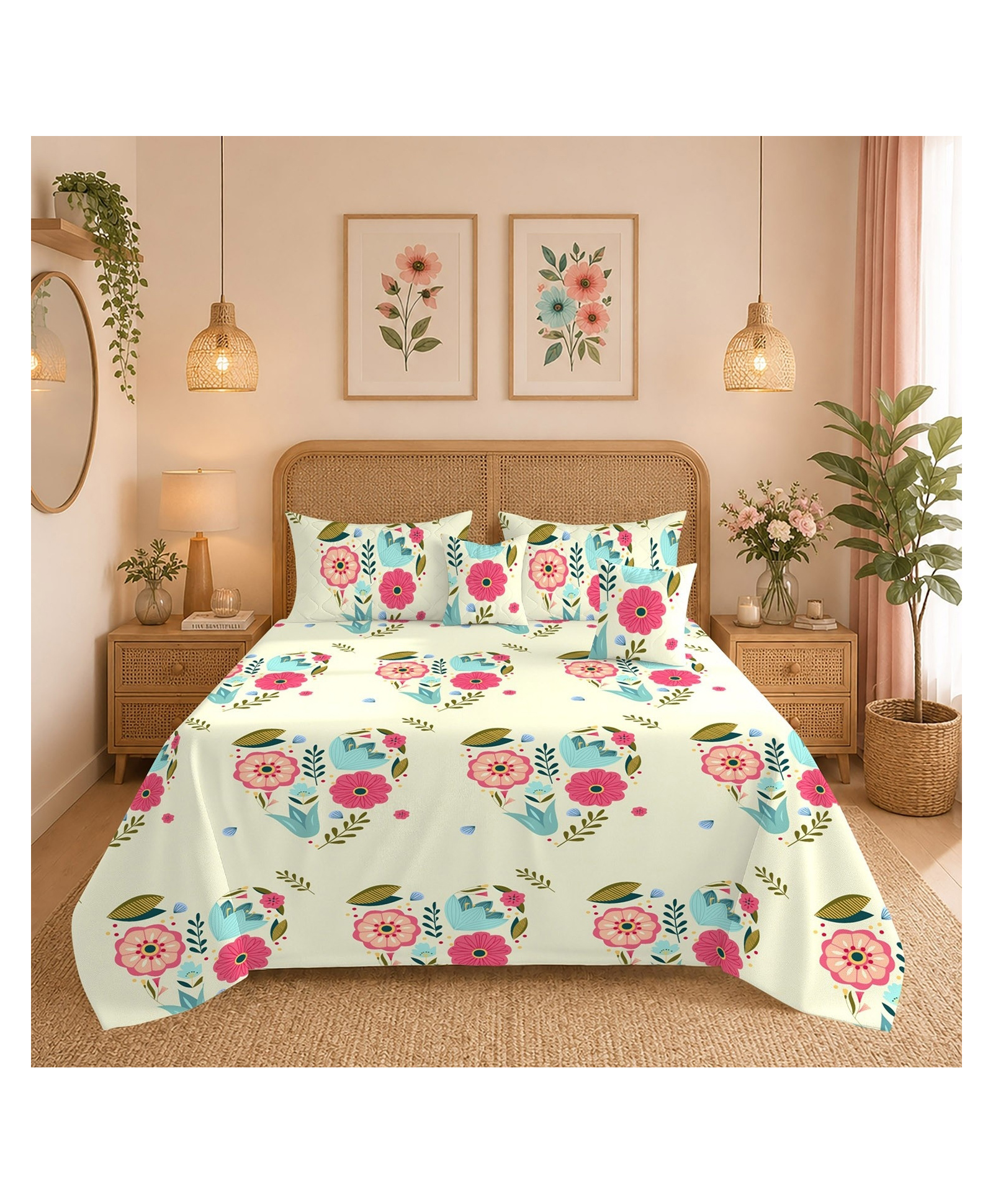 Morado Premium Quilted 5 Pcs Bedding Set with 1 Double Bedsheet, 2 Pillow Covers & 2 Cushion Covers with Fillers , Ultra Soft & Washable , Leafy Flower-picture-39
