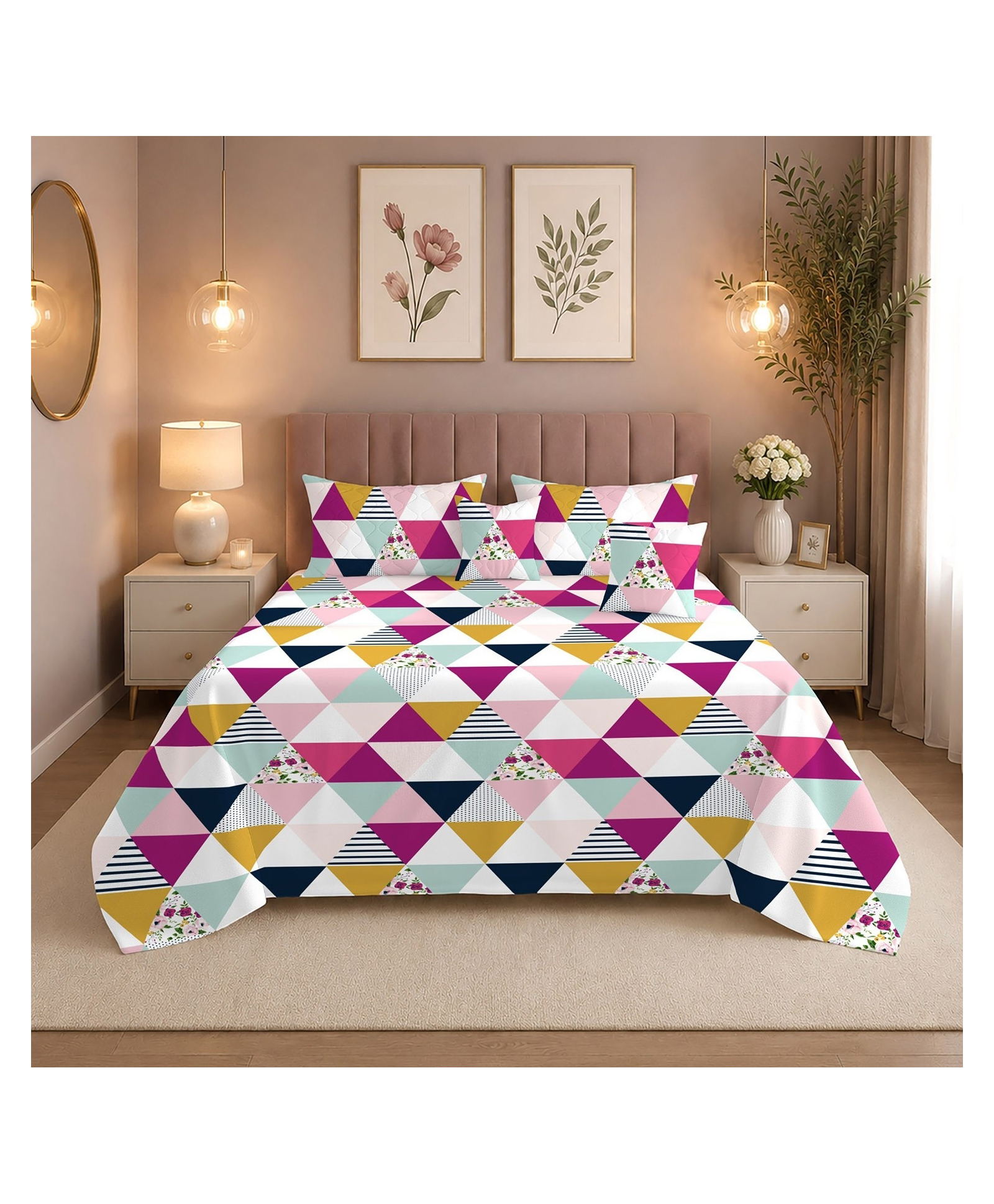 Morado Premium Quilted 5 Pcs Bedding Set with 1 Double Bedsheet, 2 Pillow Covers & 2 Cushion Covers with Fillers , Ultra Soft & Washable , Multi Triangle-picture-40