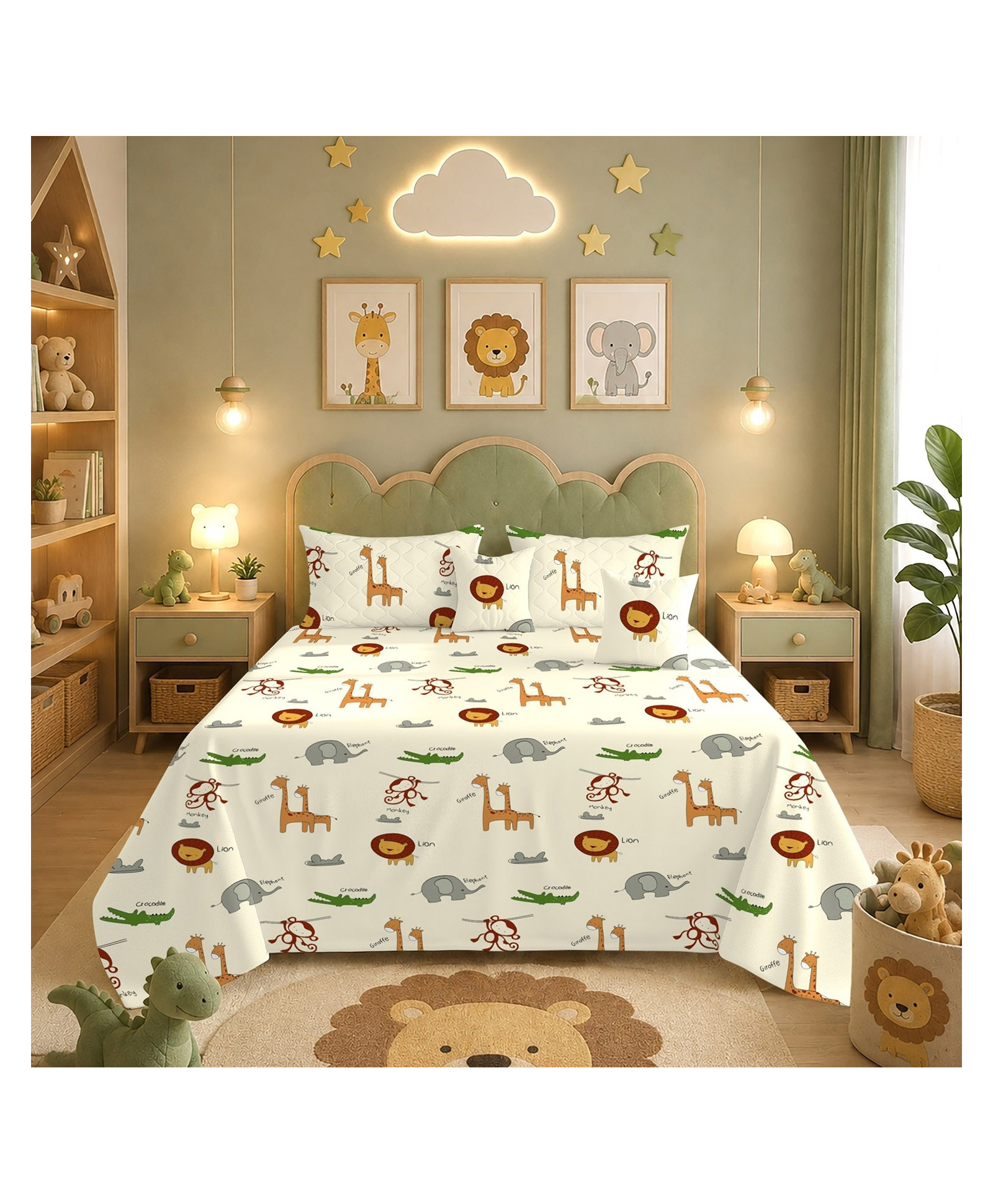 Morado Premium Quilted 5 Pcs Bedding Set with 1 Double Bedsheet, 2 Pillow Covers & 2 Cushion Covers with Fillers , Ultra Soft & Washable , Off White Animal-picture-38