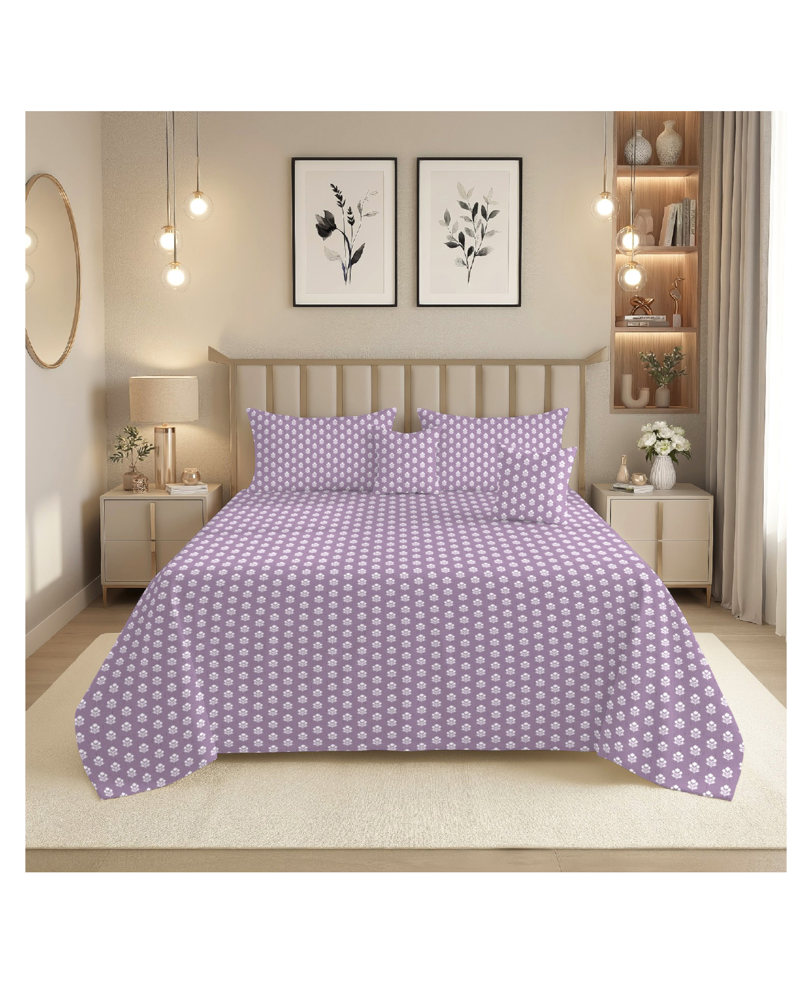 Morado Premium Quilted 5 Pcs Bedding Set with 1 Double Bedsheet, 2 Pillow Covers & 2 Cushion Covers with Fillers , Ultra Soft & Washable , Purple Flowers-picture-41