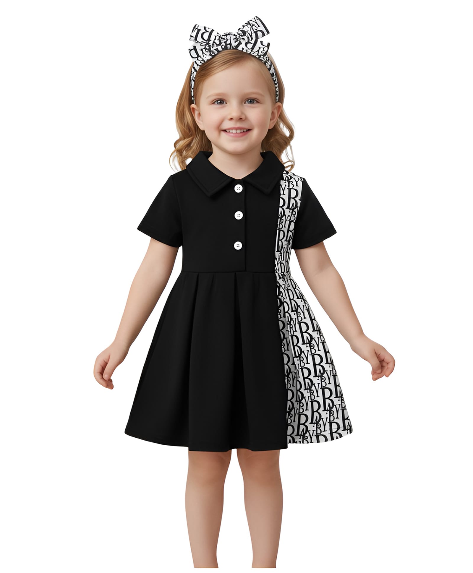 Fostric Cotton Blend Knit Half Sleeves Baby Text Printed Dress With Headband - Black-image-46