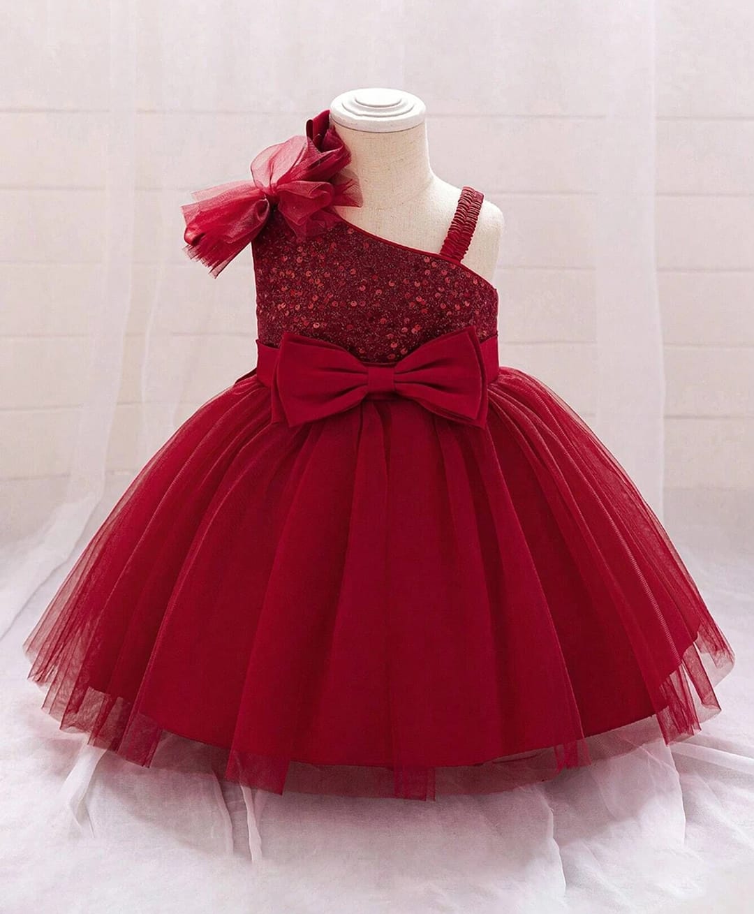 FOSTRIC Cotton Blend Knit Frill Sleeves Sequin Embellished Dress - Red-image-16